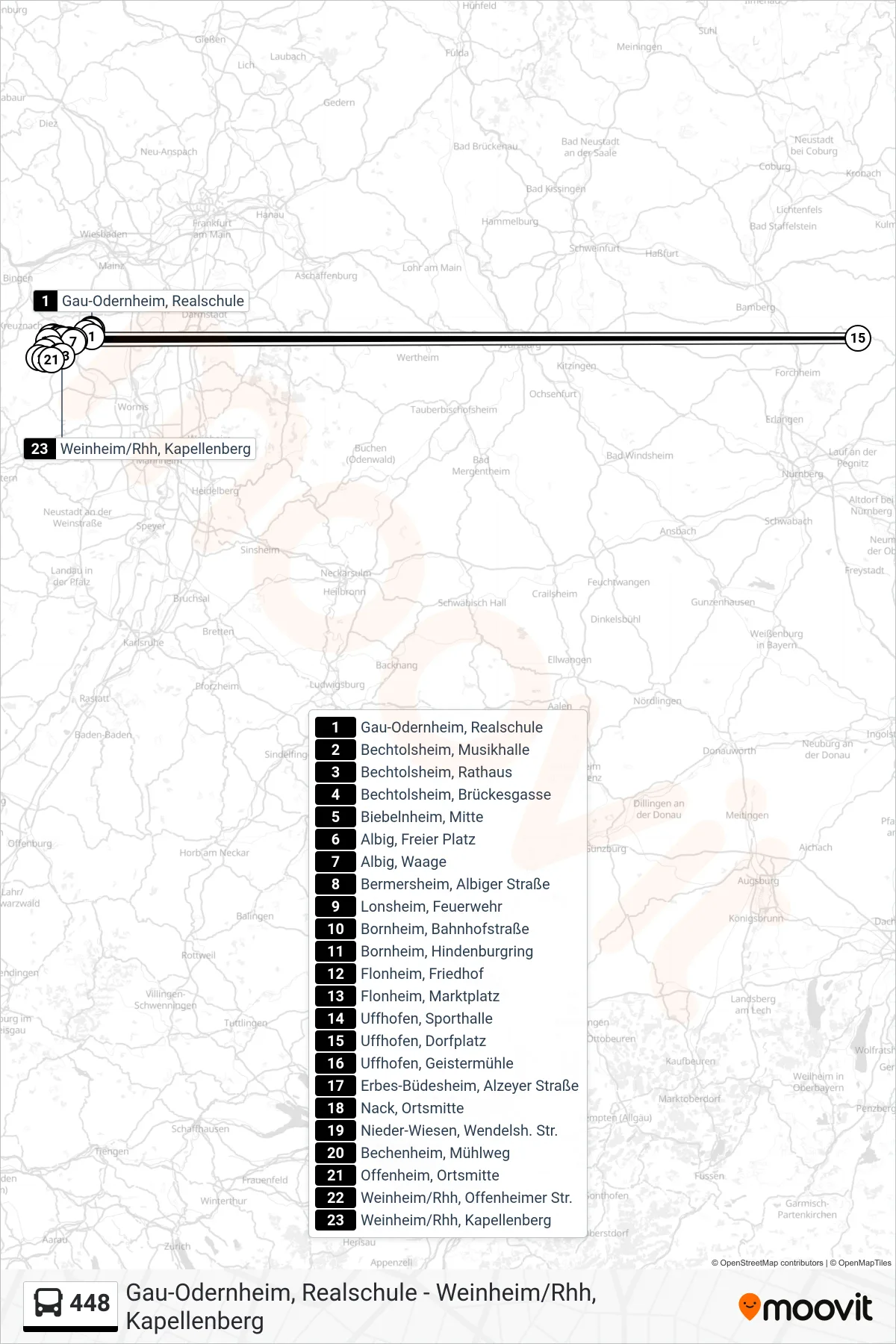 448 bus Line (Weinheim/Rhh, Kapellenberg) route and stops on a map
