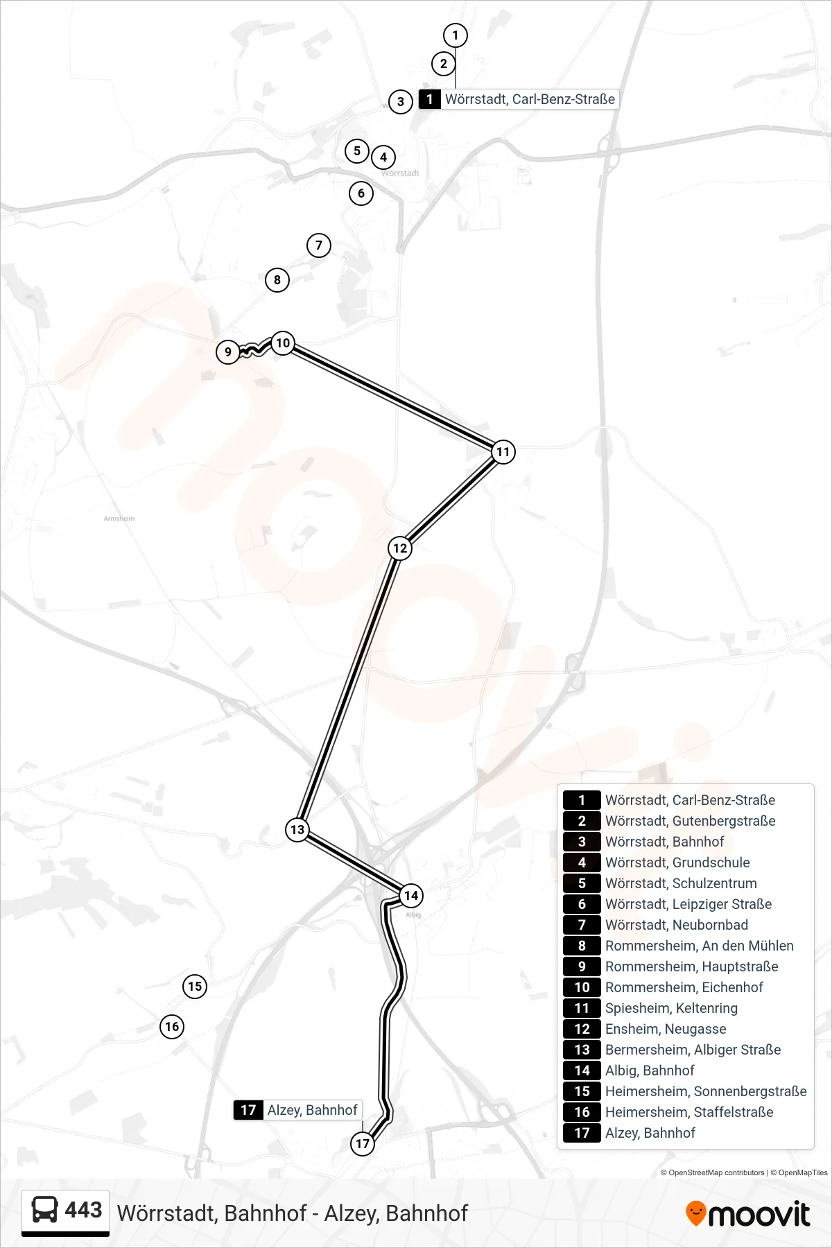 443 bus Line (Alzey, Bahnhof) route and stops on a map