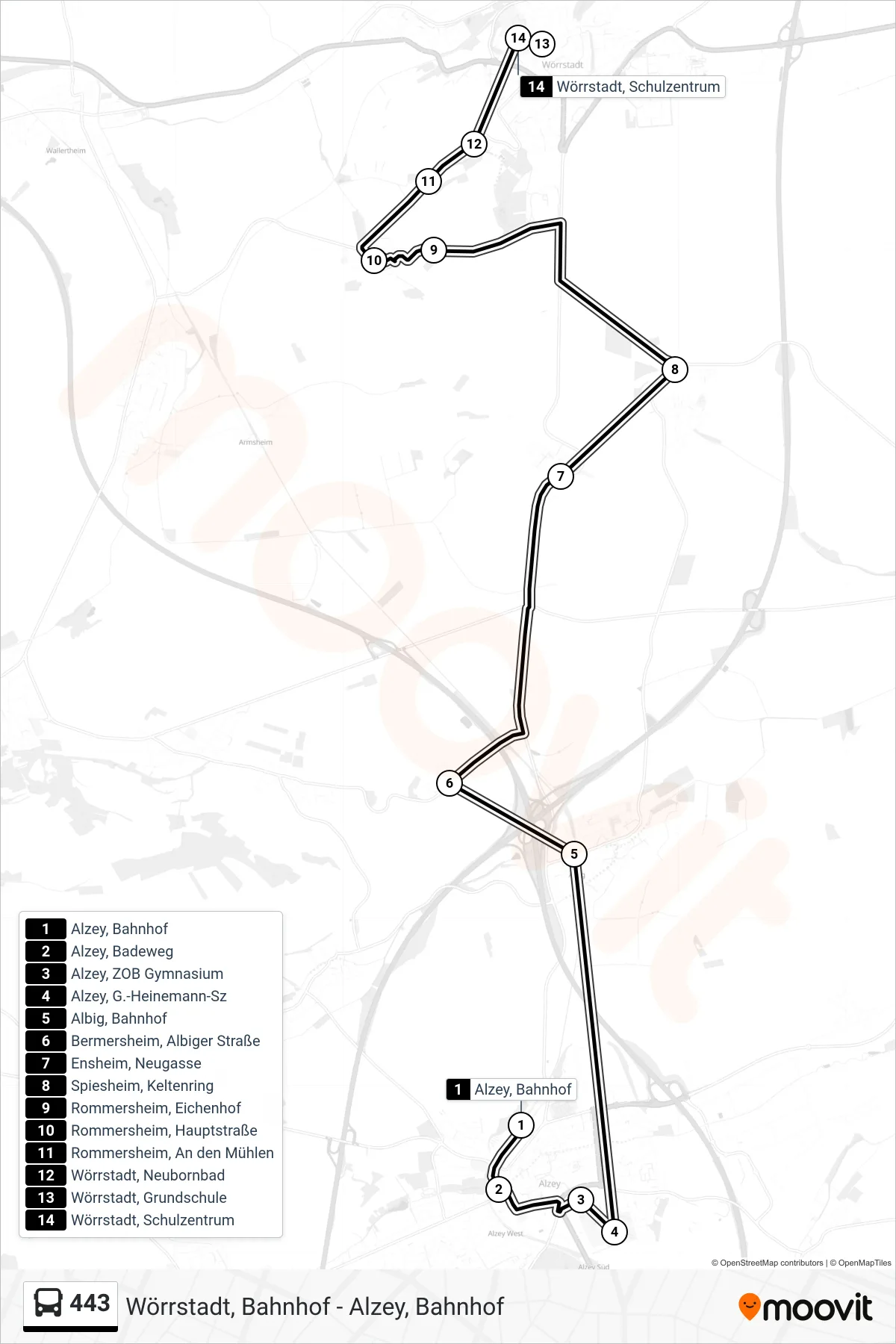 443 bus Line (Wörrstadt, Schulzentrum) route and stops on a map