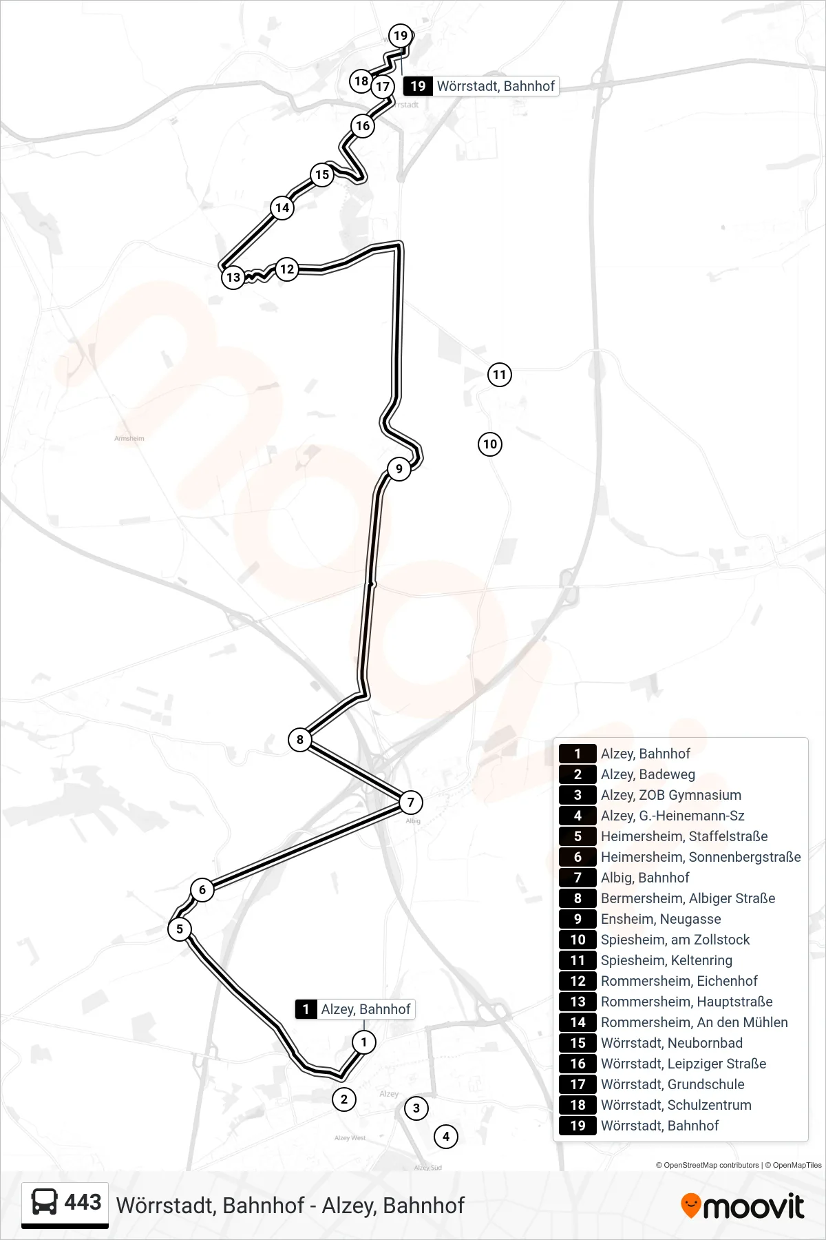 Linie 443 (Bus) Richtung Wörrstadt, Bahnhof: Route und Haltestellen auf der Karte