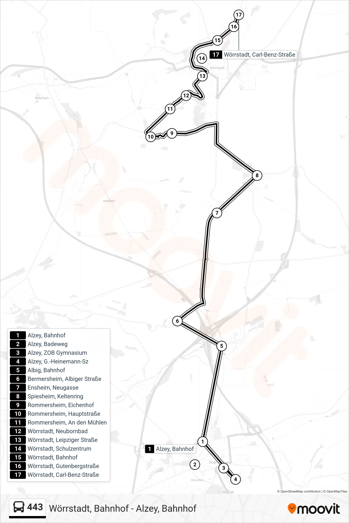 443 bus Line (Wörrstadt, Carl-Benz-Straße) route and stops on a map