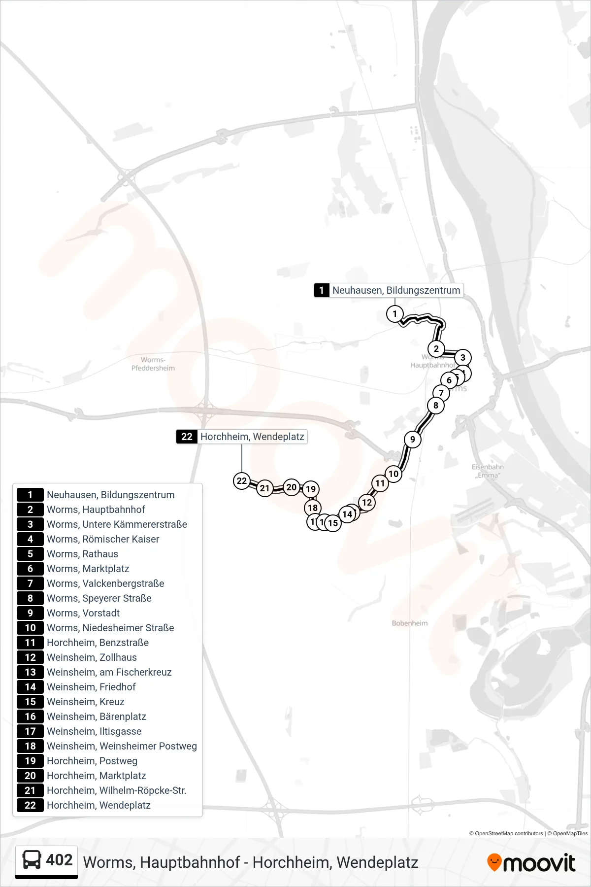 402 bus Line (Horchheim, Wendeplatz) route and stops on a map