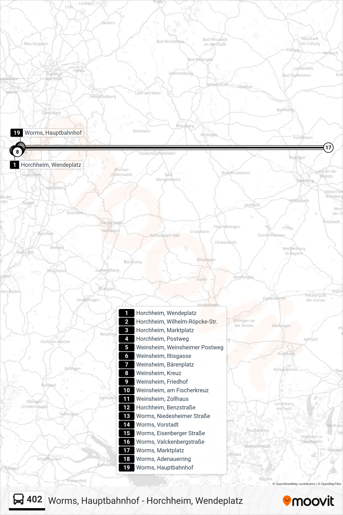 Linie 402 (Bus) Richtung Worms, Hauptbahnhof: Route und Haltestellen auf der Karte