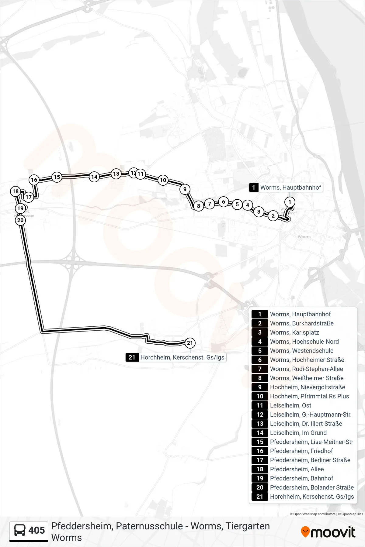 405 bus Line (Horchheim, Kerschenst. Gs/Igs) route and stops on a map