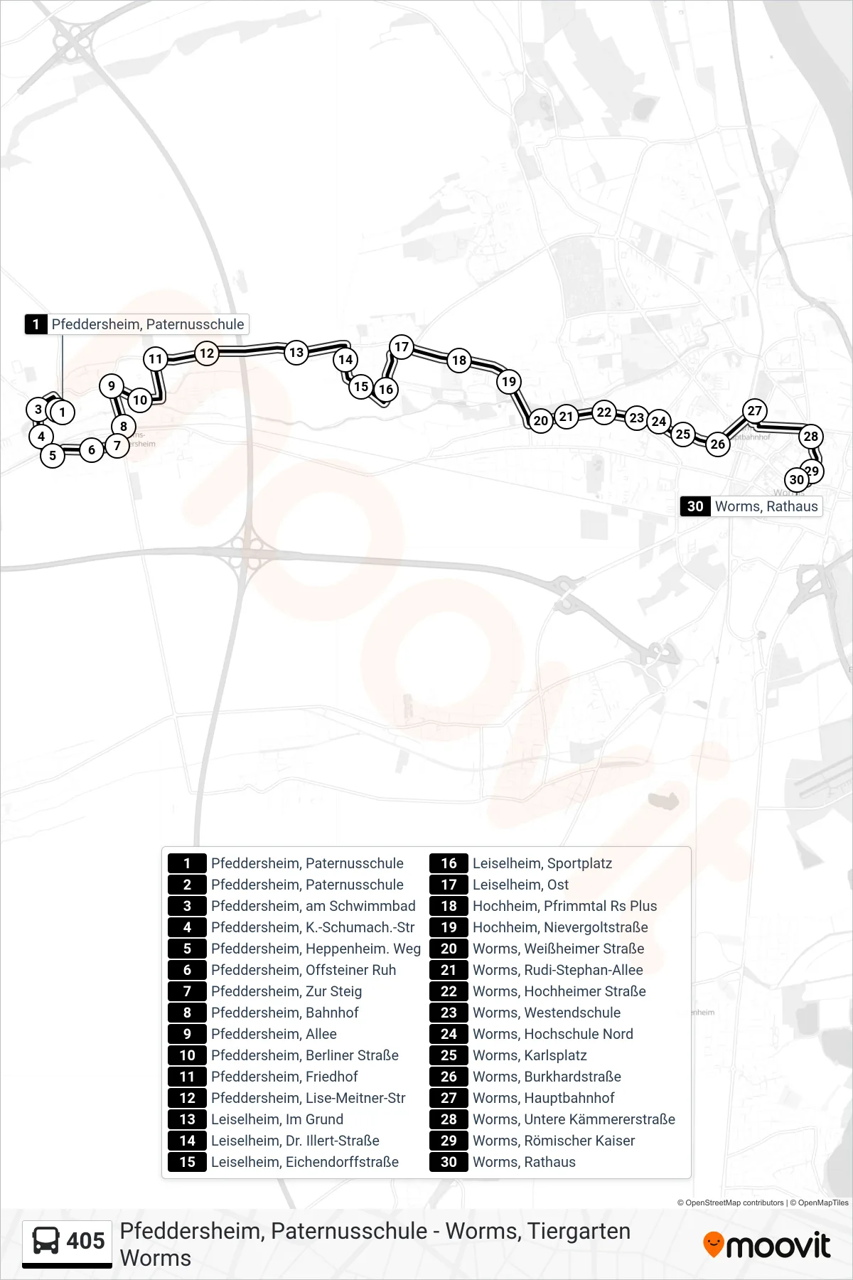 405 bus Line (Worms, Rathaus) route and stops on a map