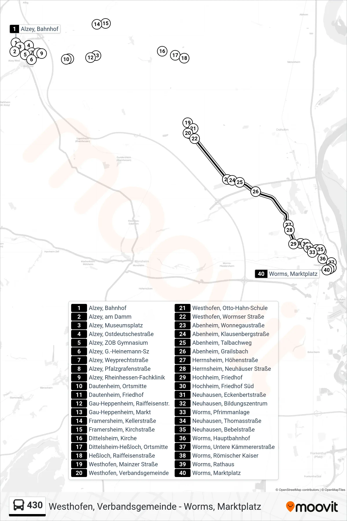 430 bus Line (Worms, Marktplatz) route and stops on a map