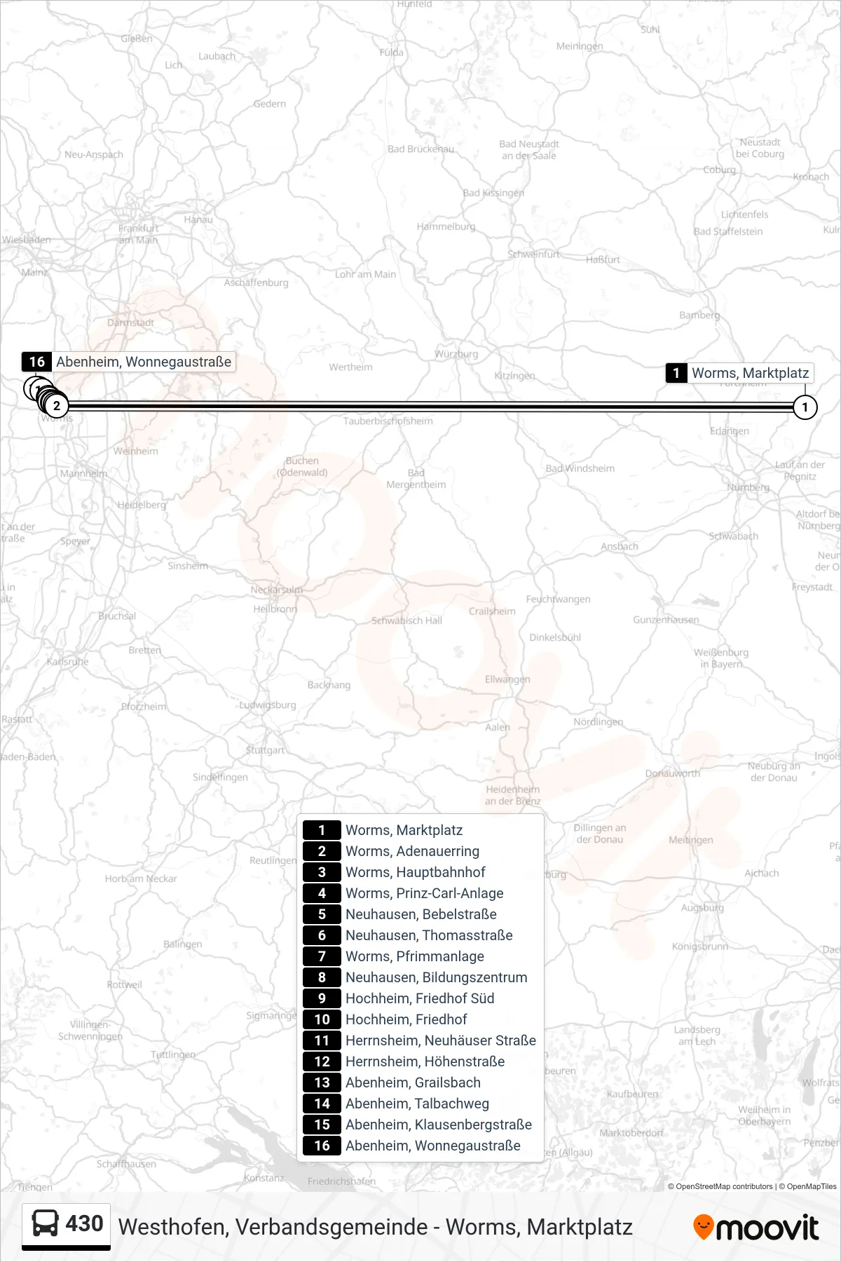 430 bus Line (Abenheim, Wonnegaustraße) route and stops on a map