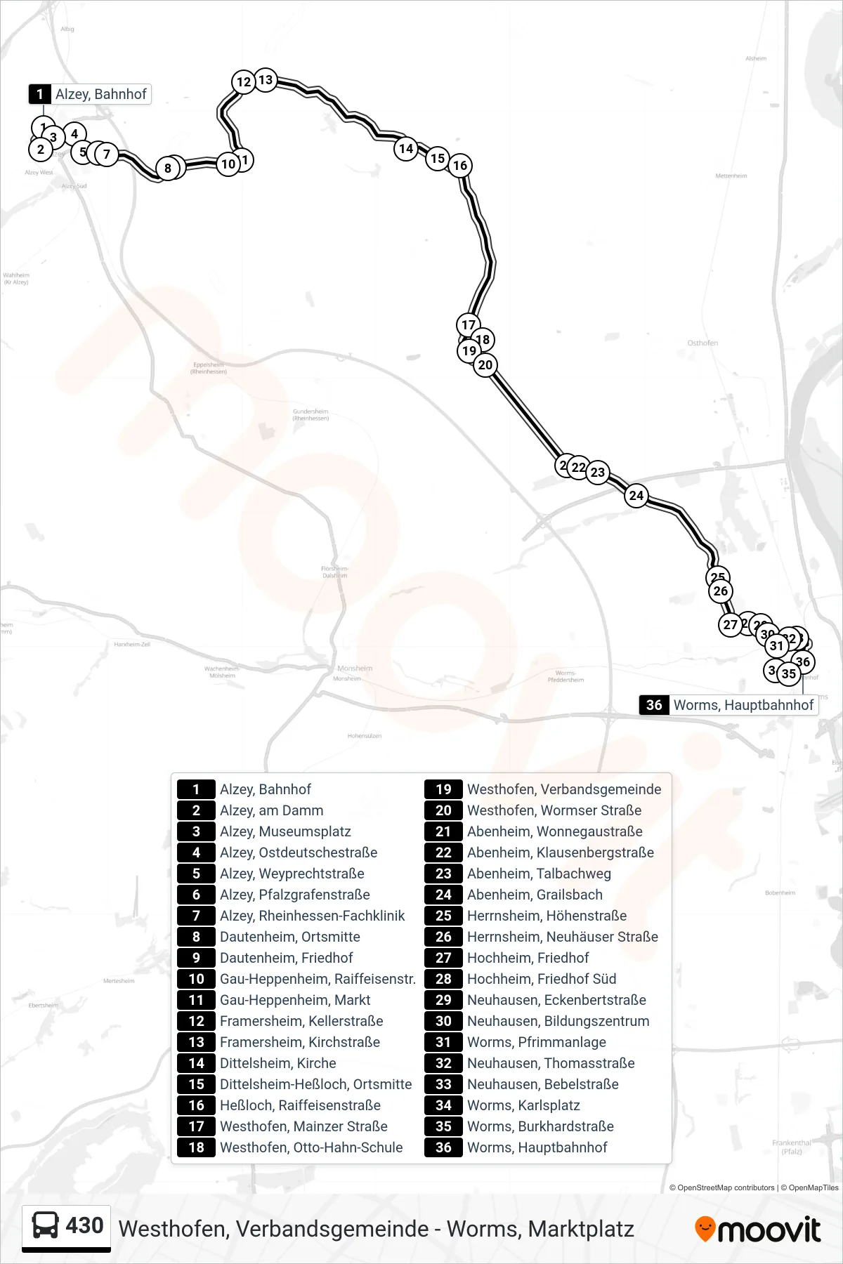 430 bus Line (Worms, Hauptbahnhof) route and stops on a map