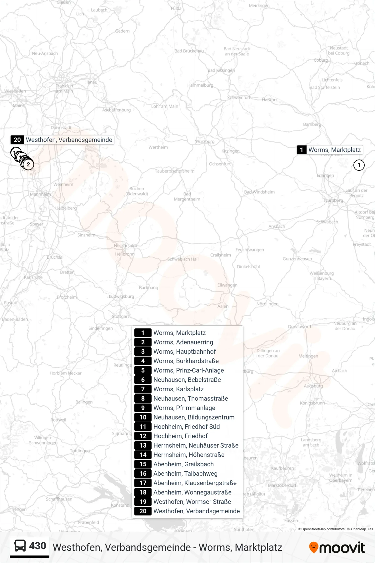 430 bus Line (Westhofen, Verbandsgemeinde) route and stops on a map