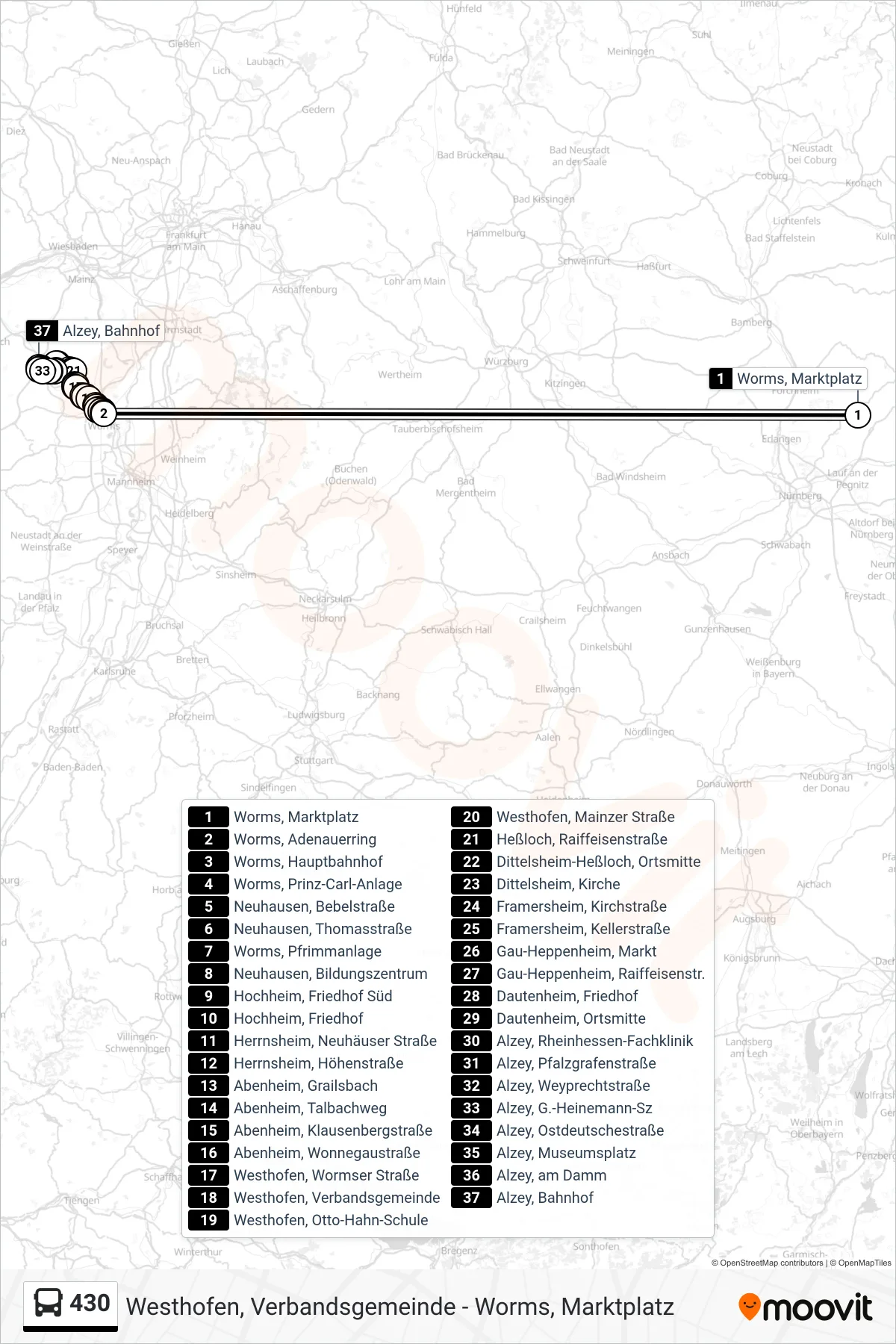 430 bus Line (Alzey, Bahnhof) route and stops on a map