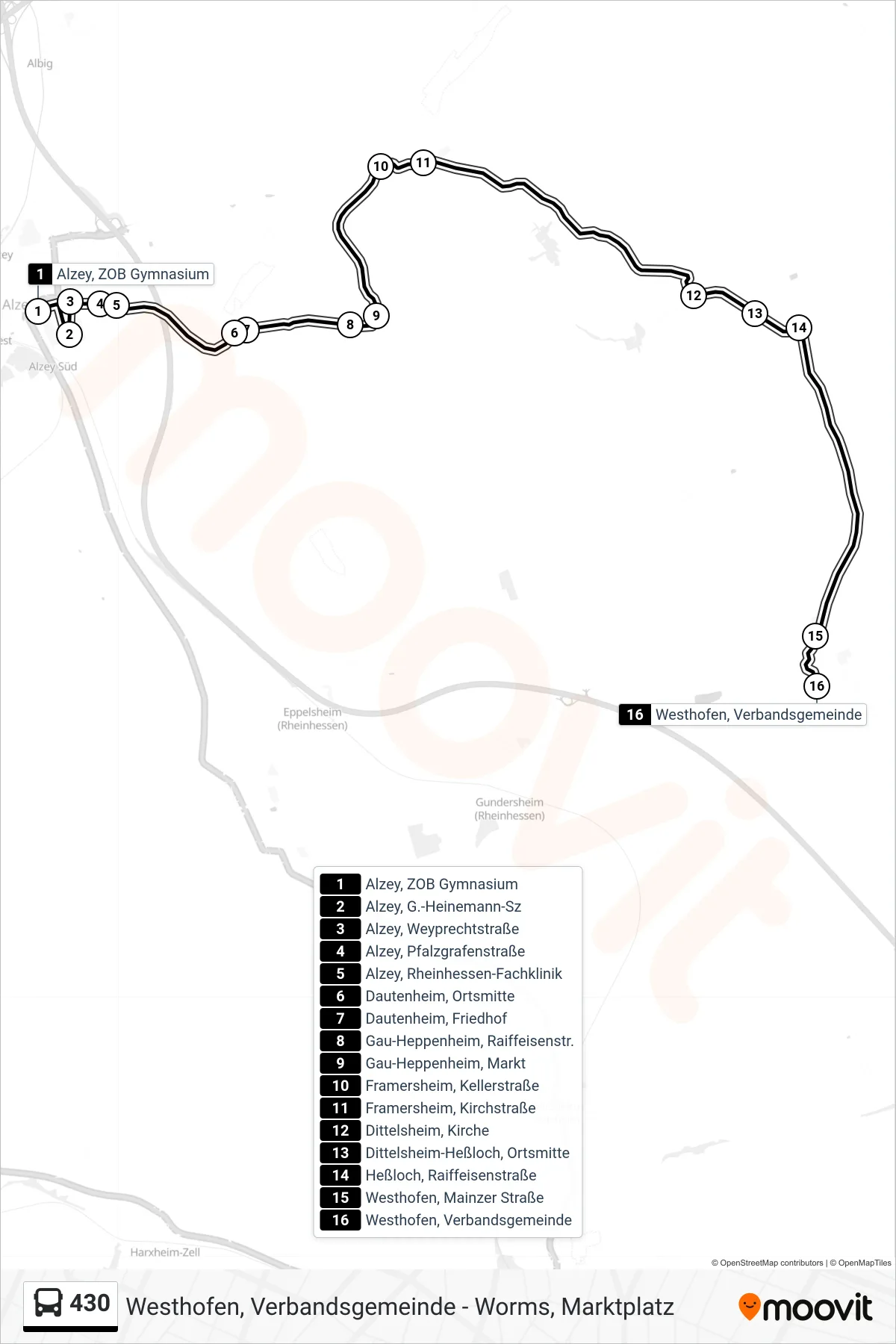 430 bus Line (Westhofen, Verbandsgemeinde) route and stops on a map