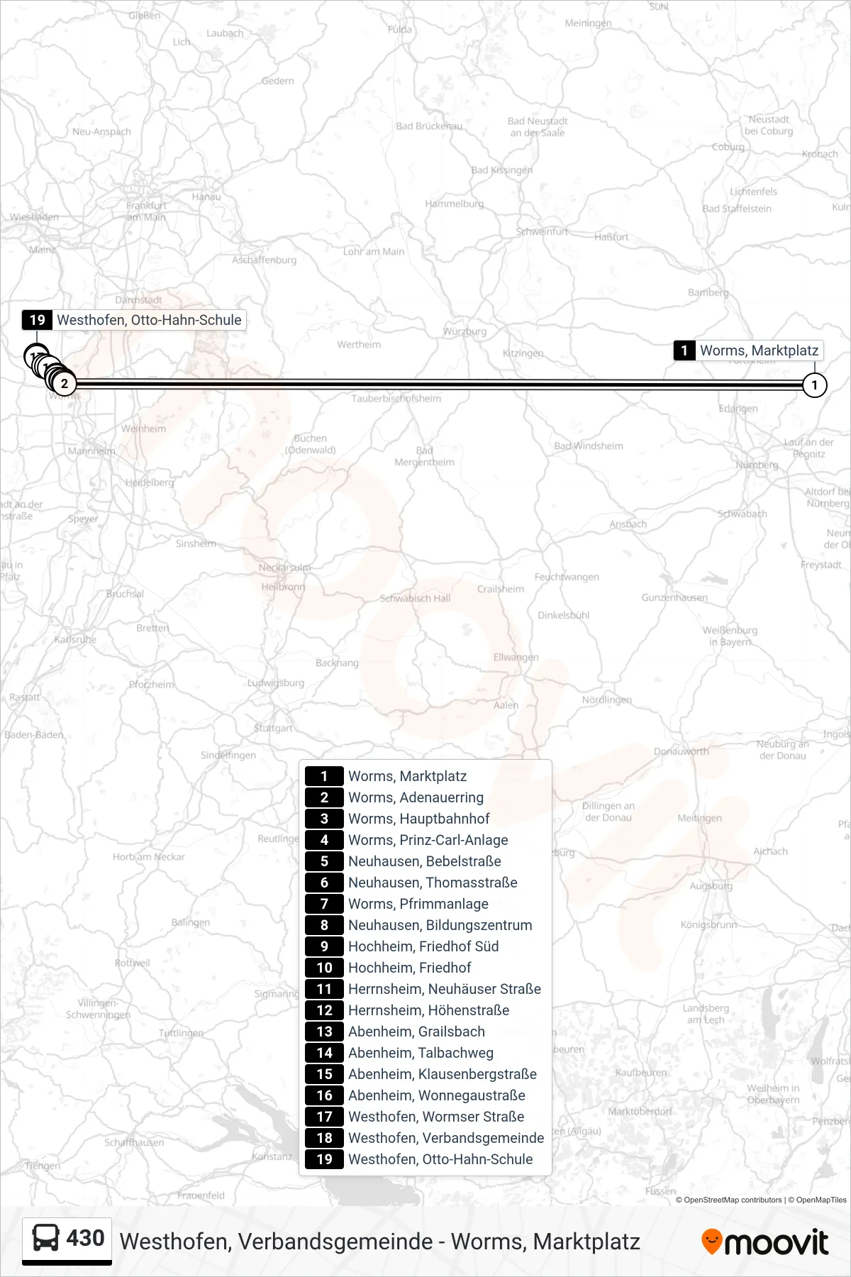430 bus Line (Westhofen, Otto-Hahn-Schule) route and stops on a map