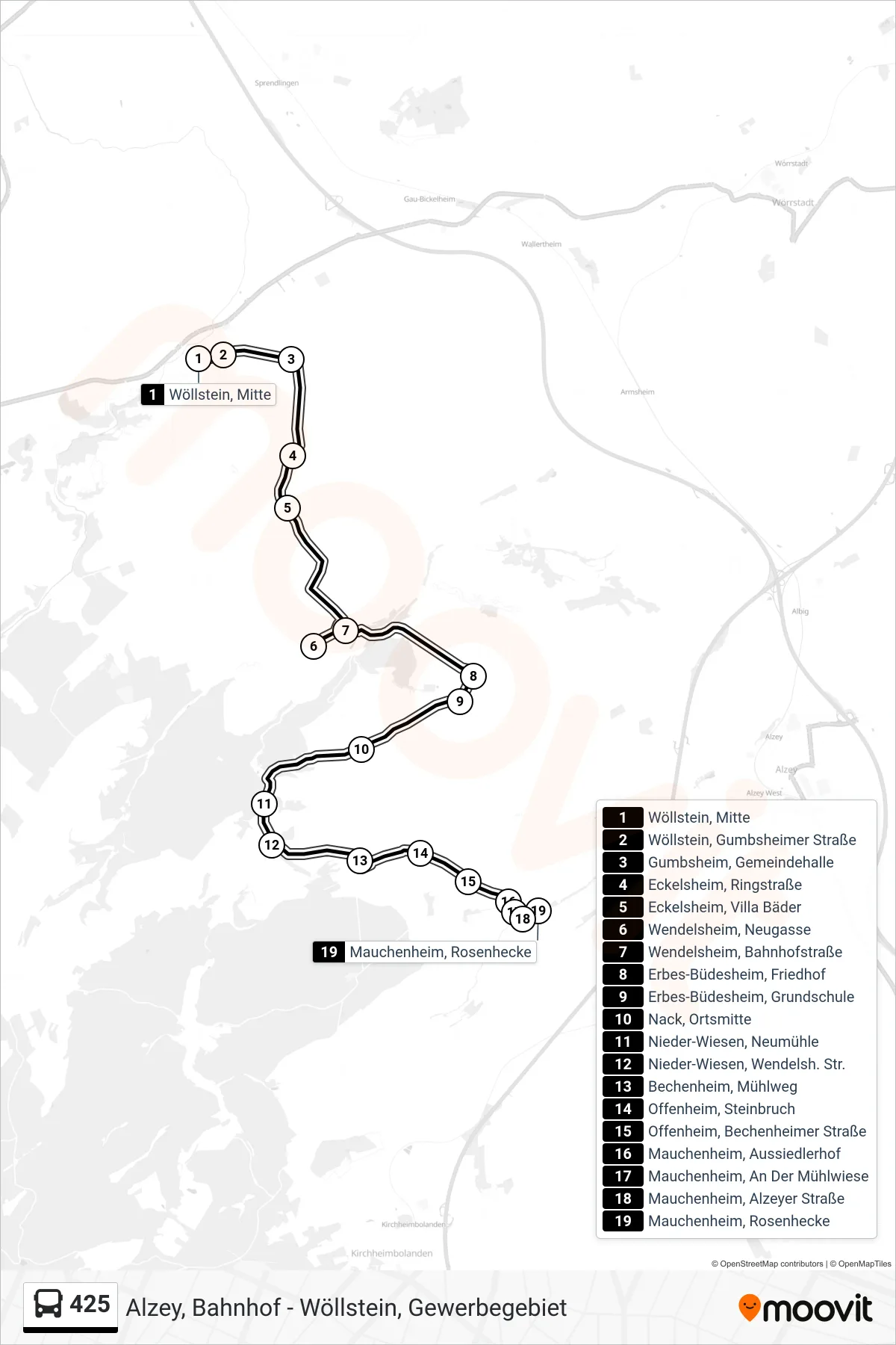 425 bus Line (Mauchenheim, Rosenhecke) route and stops on a map