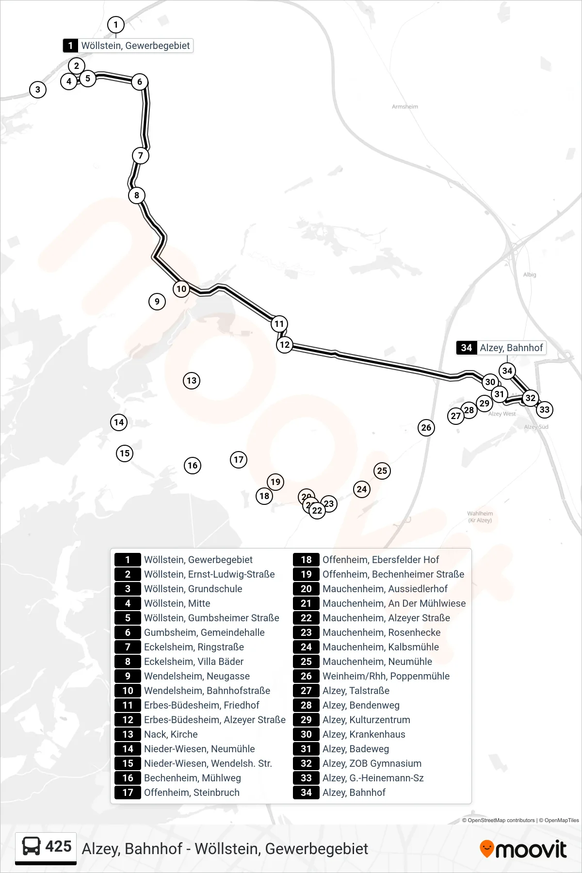 425 bus Line (Alzey, Bahnhof) route and stops on a map