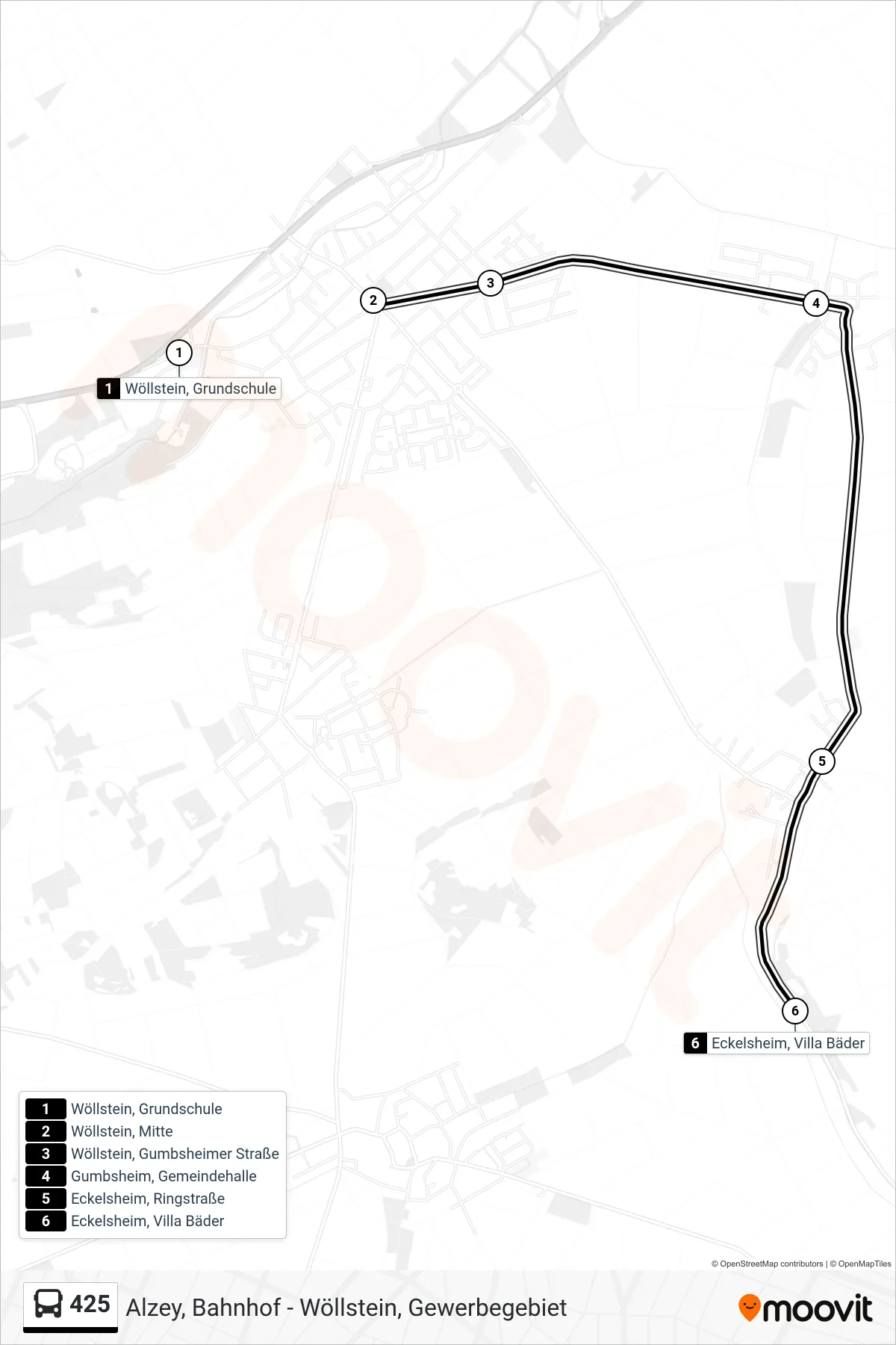 425 bus Line (Eckelsheim, Villa Bäder) route and stops on a map