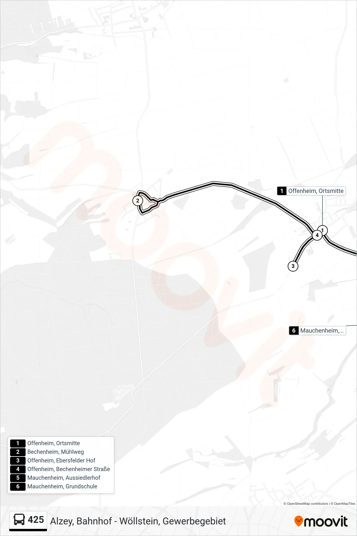 425 bus Line (Mauchenheim, Grundschule) route and stops on a map