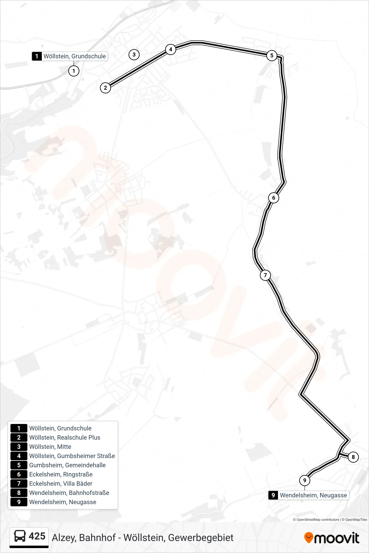 425 bus Line (Wendelsheim, Neugasse) route and stops on a map