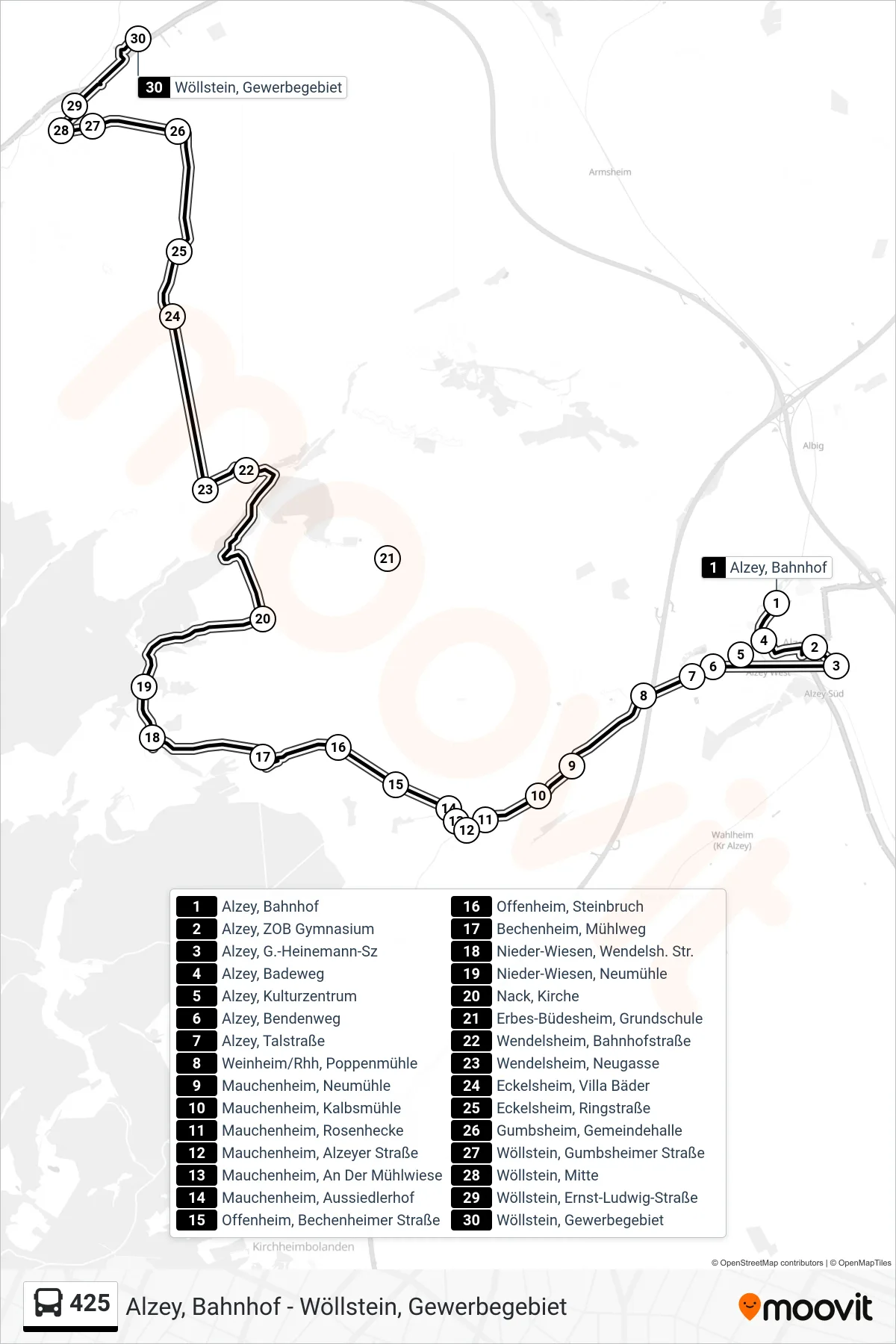 425 bus Line (Wöllstein, Gewerbegebiet) route and stops on a map