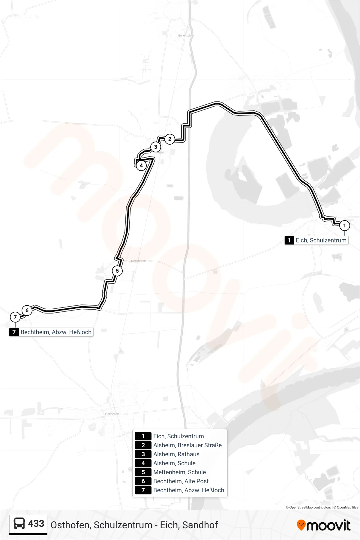 433 bus Line (Bechtheim, Abzw. Heßloch) route and stops on a map