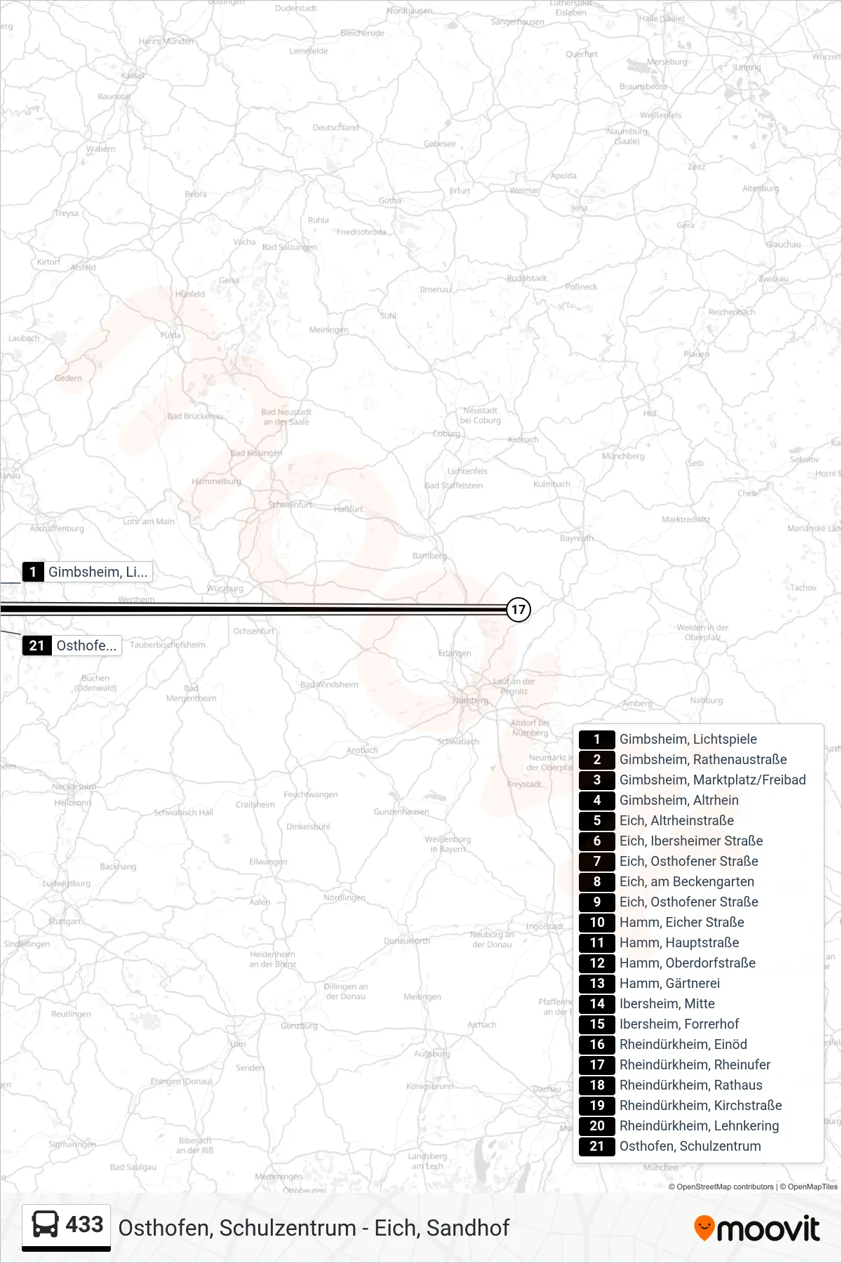 433 bus Line (Osthofen, Schulzentrum) route and stops on a map