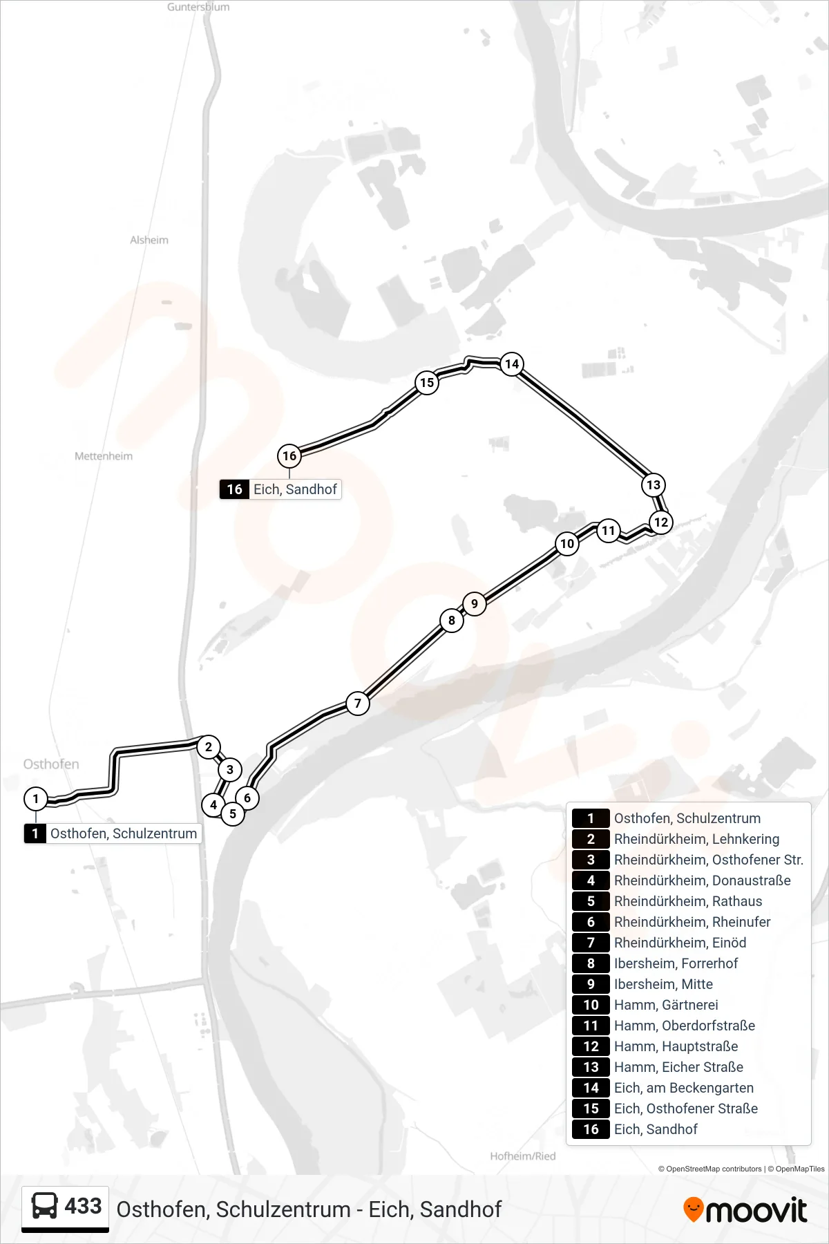 433 bus Line (Eich, Sandhof) route and stops on a map