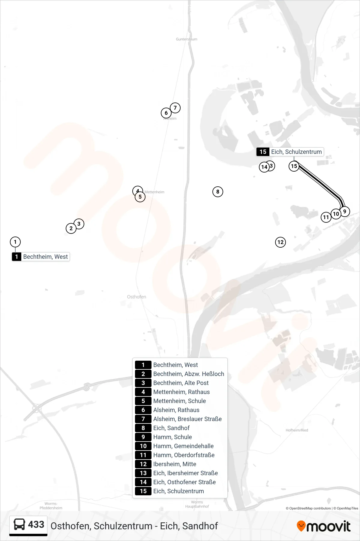 433 bus Line (Eich, Schulzentrum) route and stops on a map
