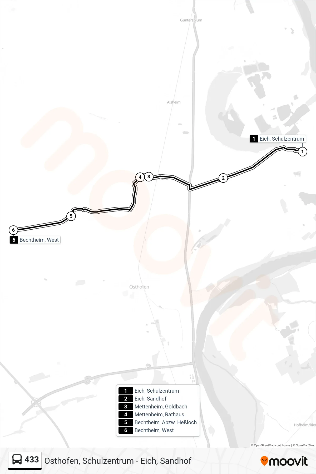 Linie 433 (Bus) Richtung Bechtheim, West: Route und Haltestellen auf der Karte