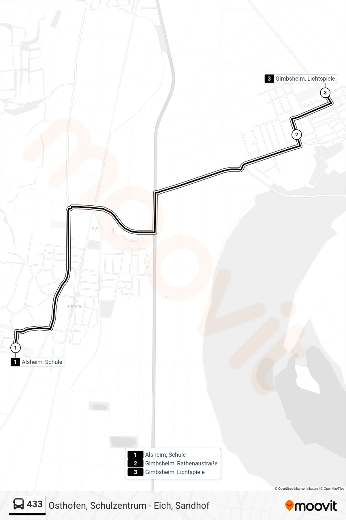 433 bus Line (Gimbsheim, Lichtspiele) route and stops on a map