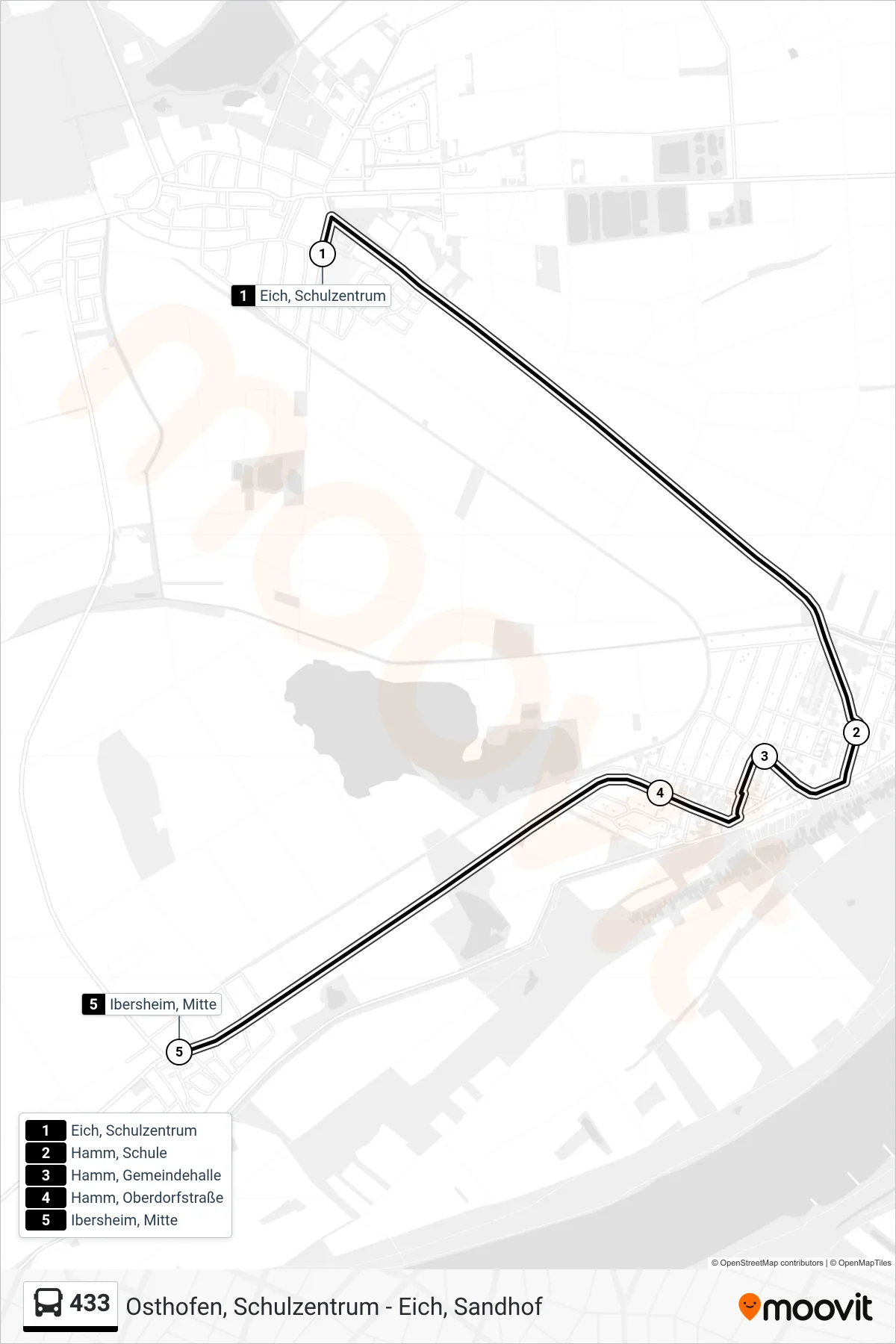 433 bus Line (Ibersheim, Mitte) route and stops on a map