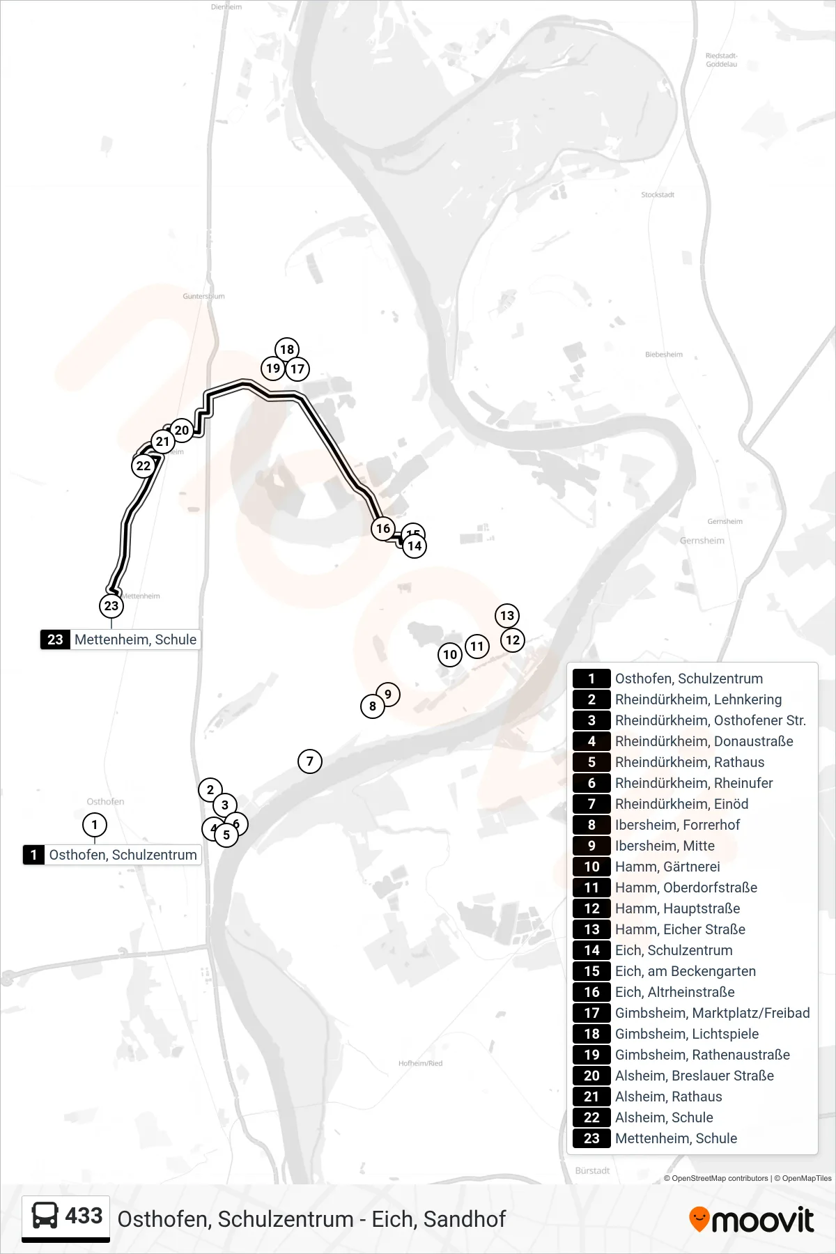 433 bus Line (Mettenheim, Schule) route and stops on a map