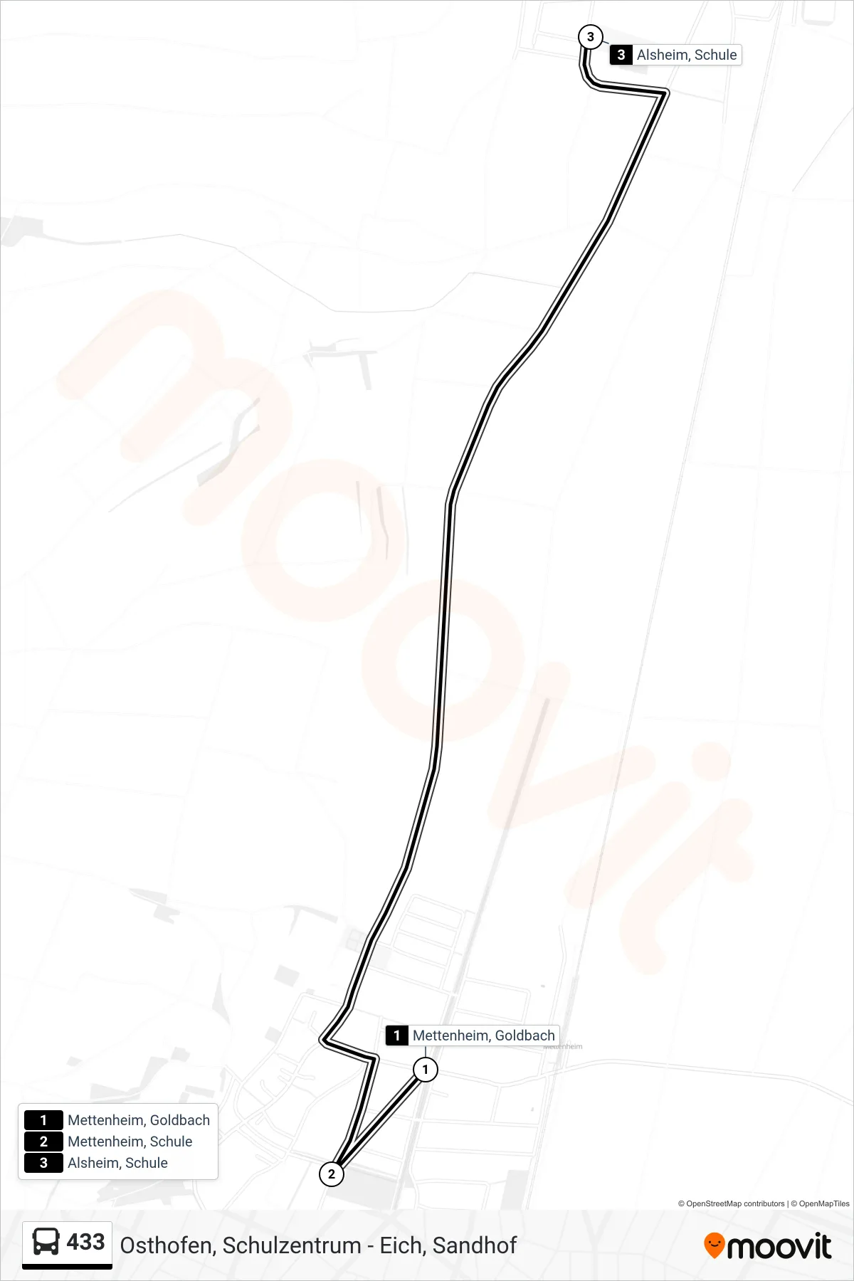 433 bus Line (Alsheim, Schule) route and stops on a map