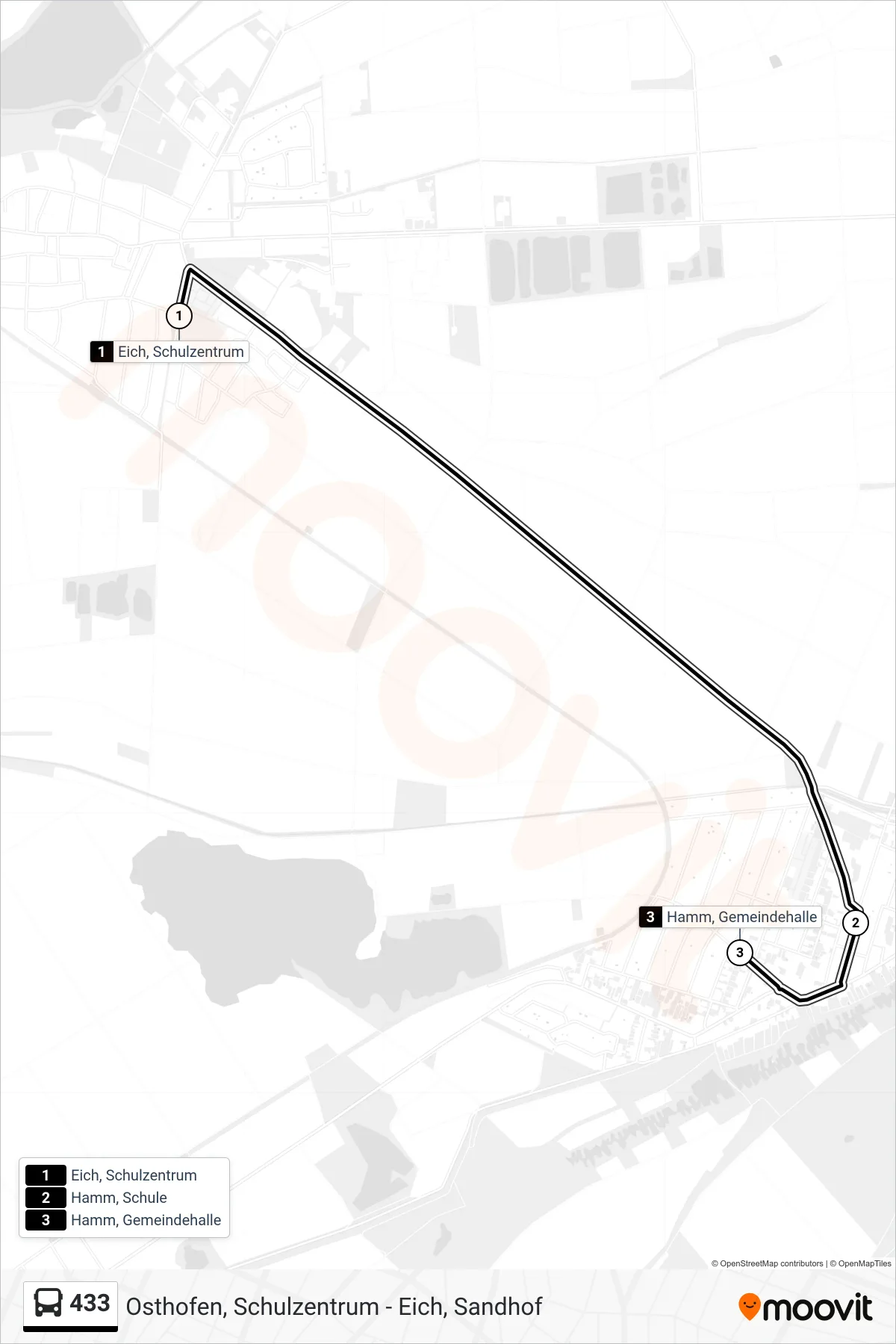 433 bus Line (Hamm, Gemeindehalle) route and stops on a map