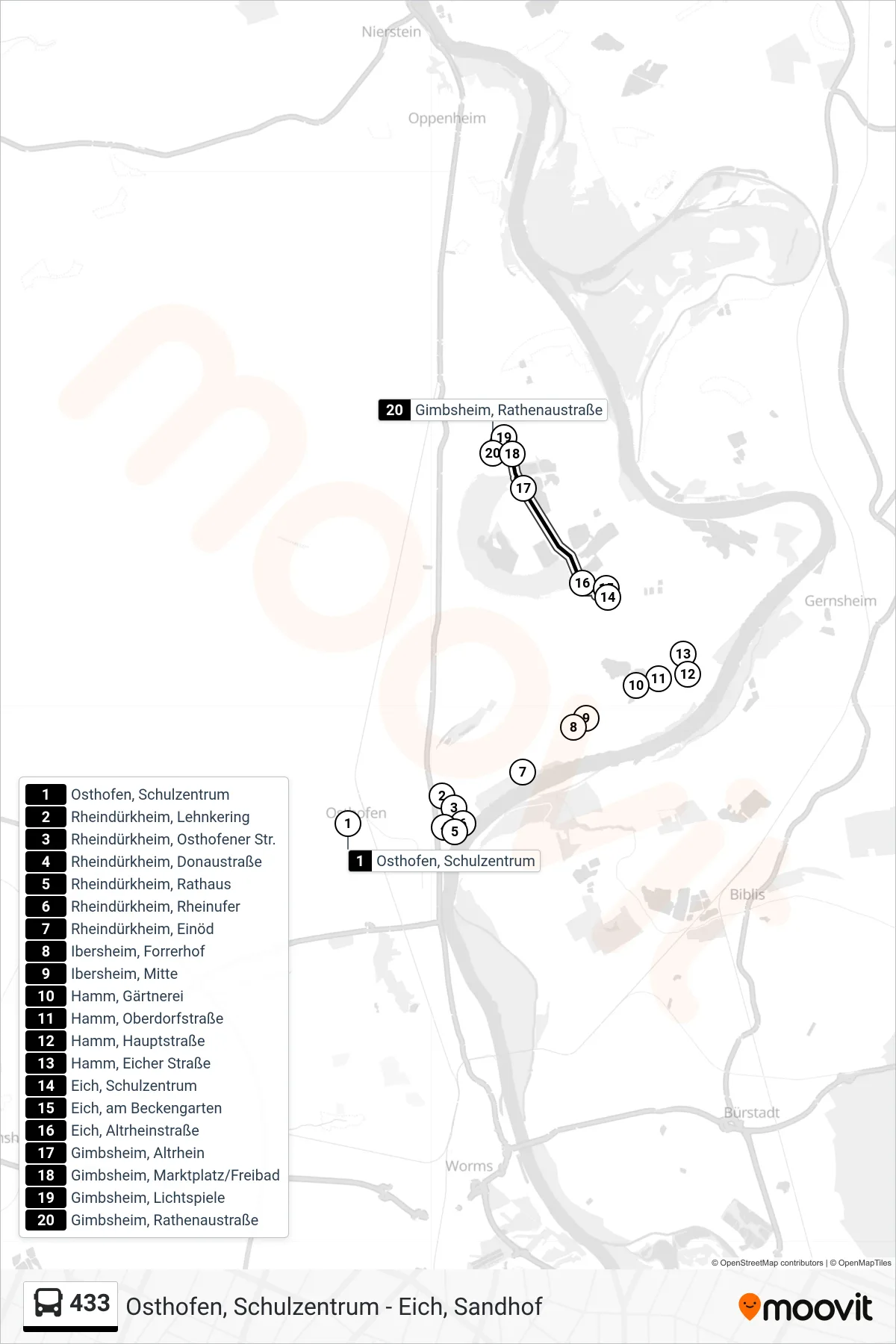 433 bus Line (Gimbsheim, Rathenaustraße) route and stops on a map