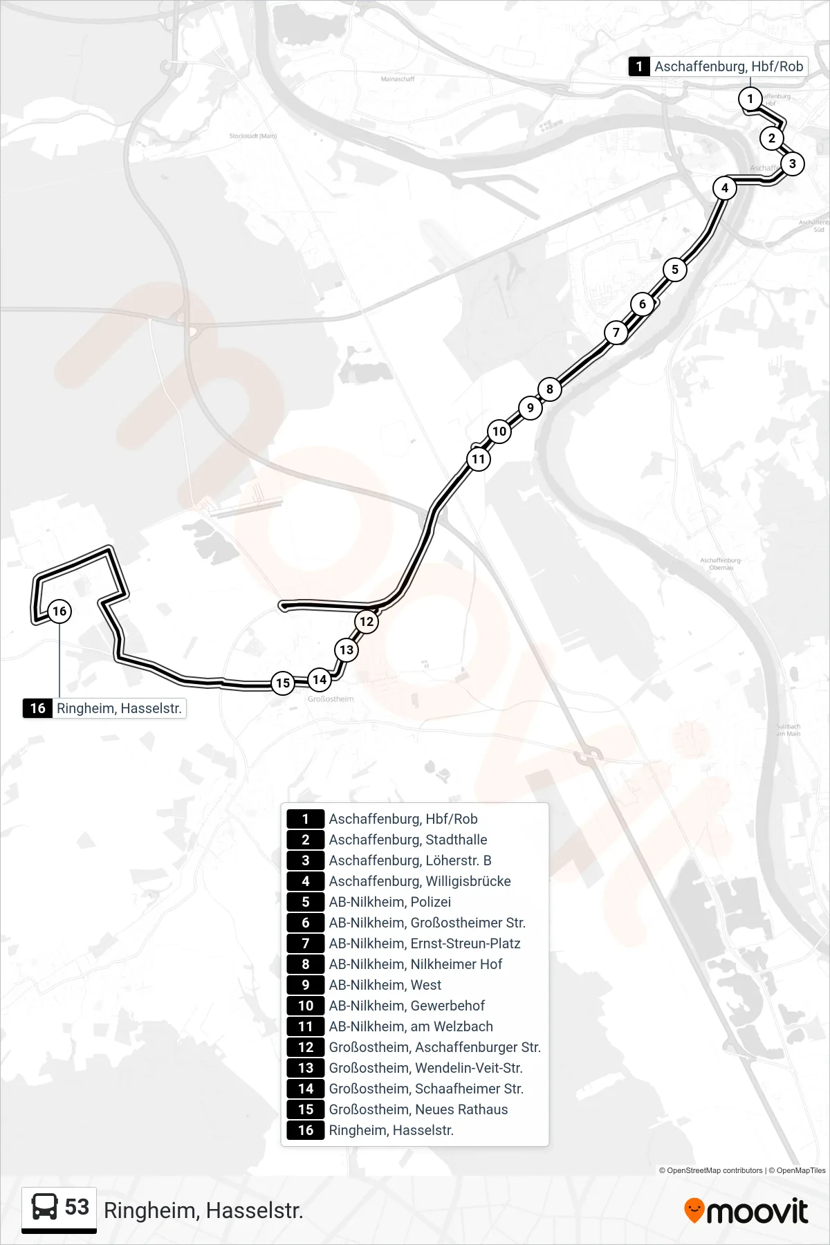 53 bus Line (Ringheim, Hasselstr.) route and stops on a map