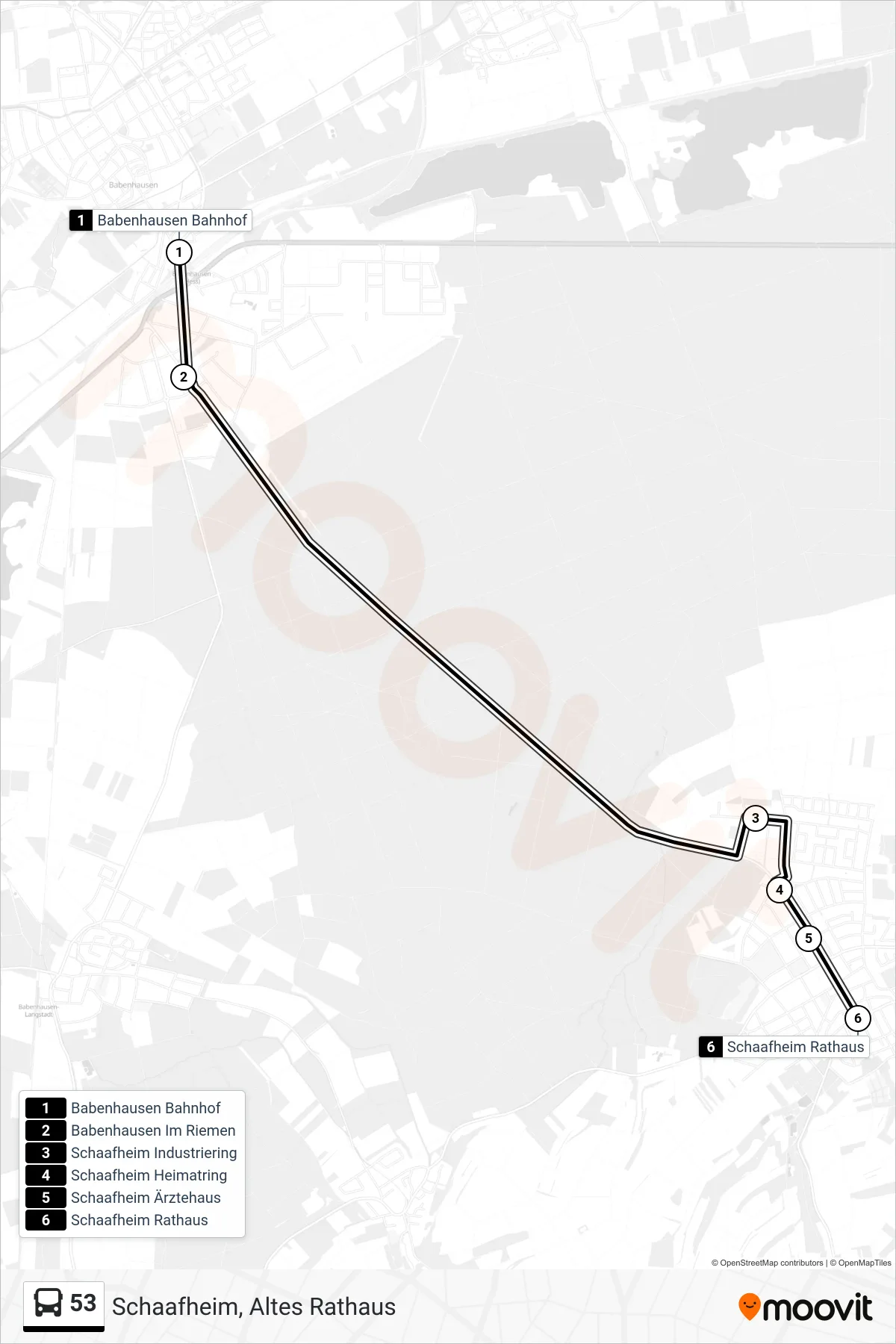 53 bus Line (Schaafheim, Altes Rathaus) route and stops on a map
