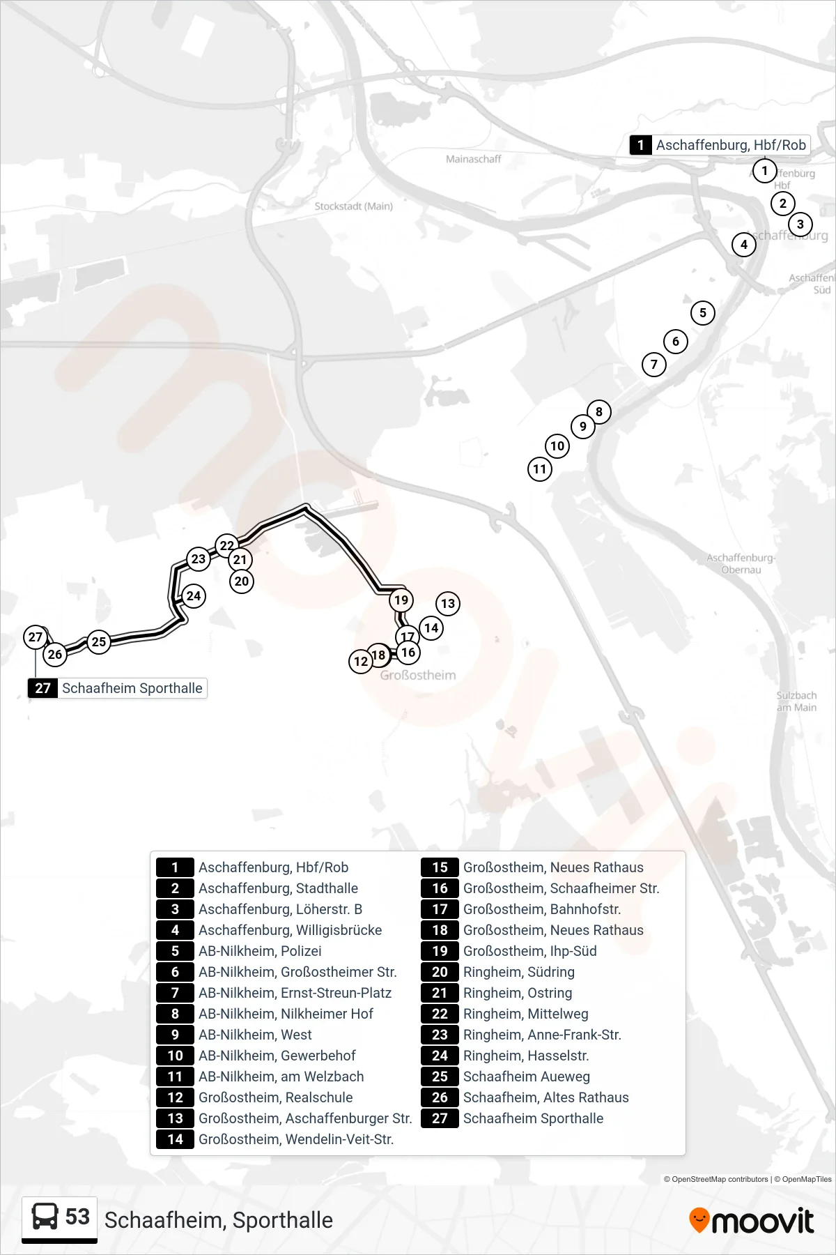 53 bus Line (Schaafheim, Sporthalle) route and stops on a map