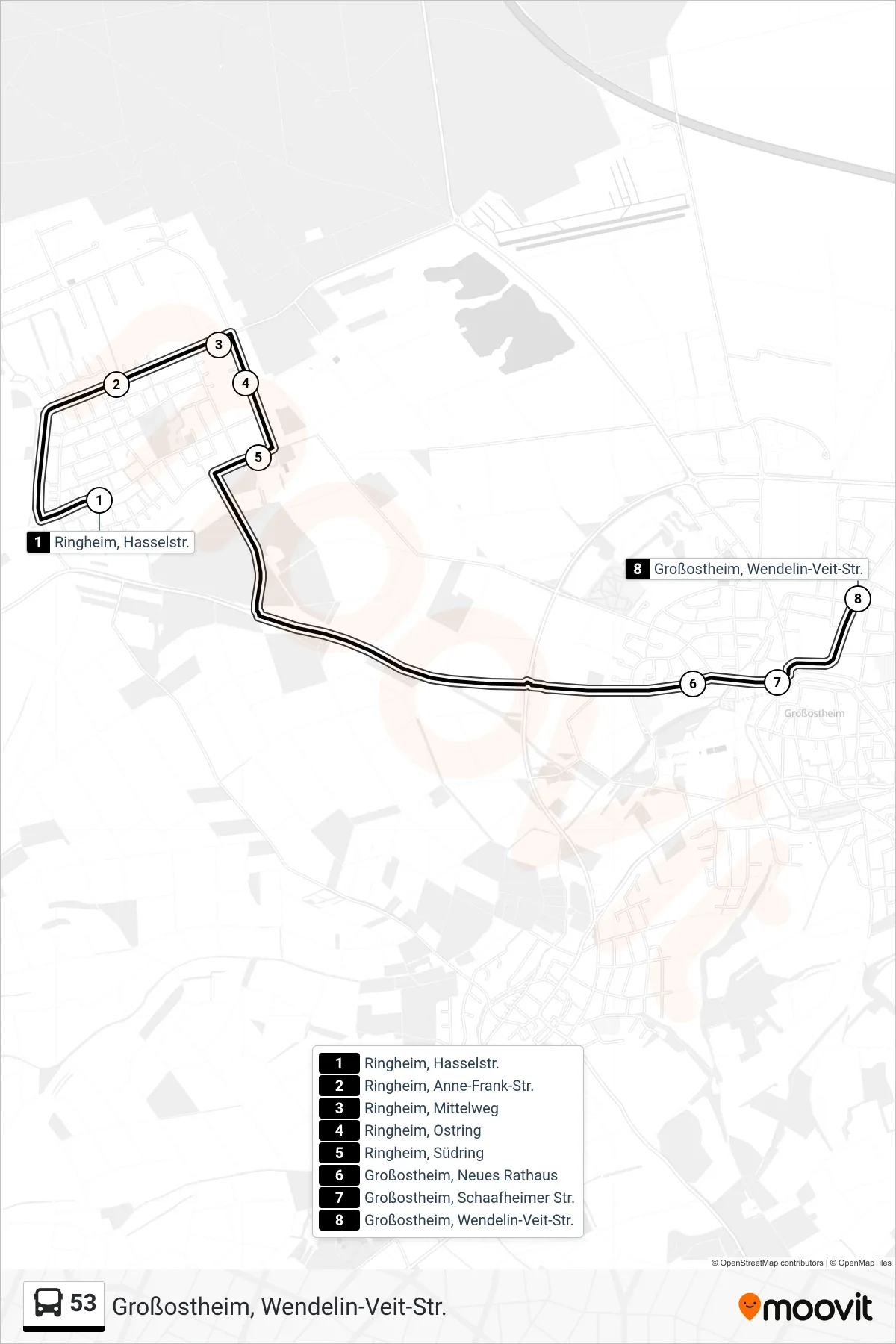 Linie 53 (Bus) Richtung Großostheim, Wendelin-Veit-Str.: Route und Haltestellen auf der Karte