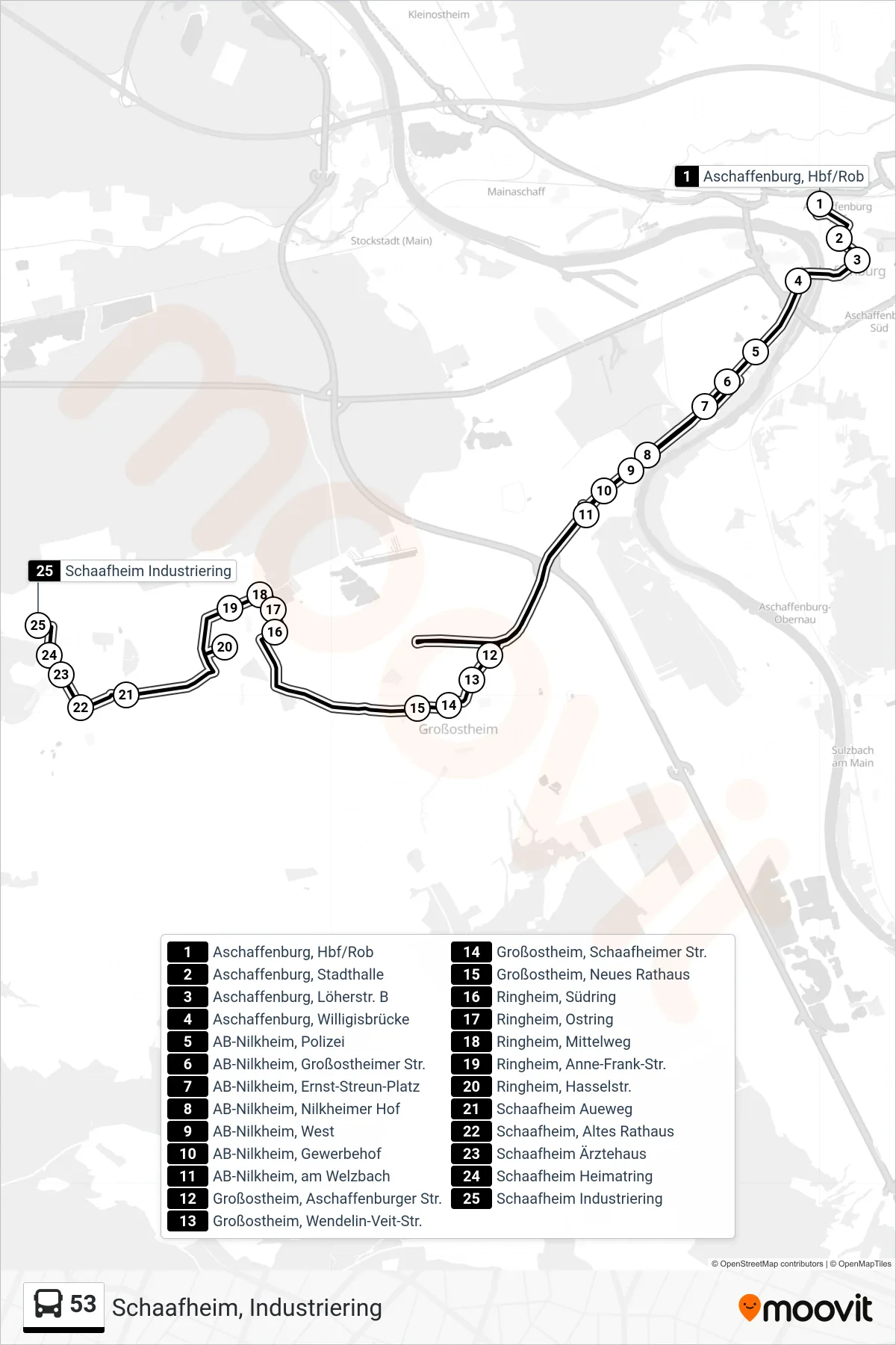 53 bus Line (Schaafheim, Industriering) route and stops on a map
