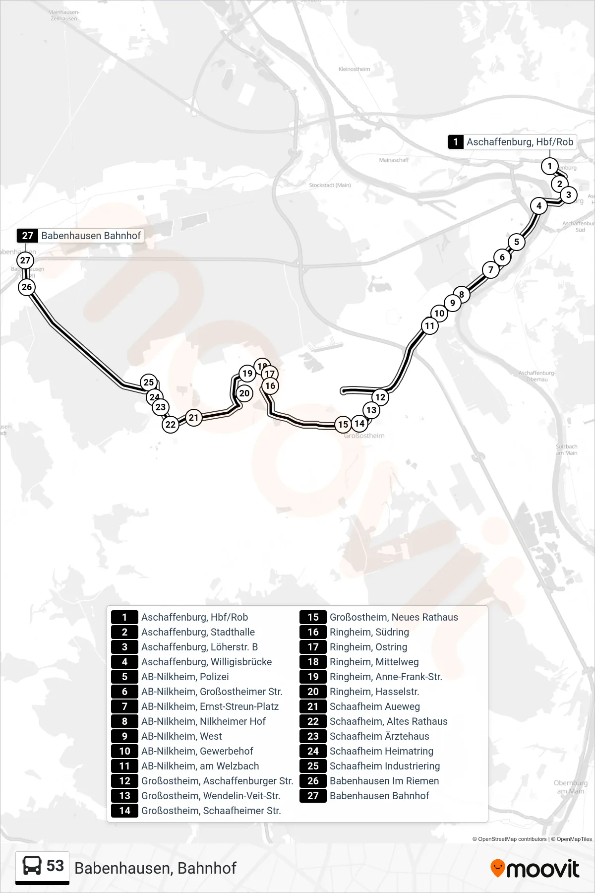 53 bus Line (Babenhausen, Bahnhof) route and stops on a map