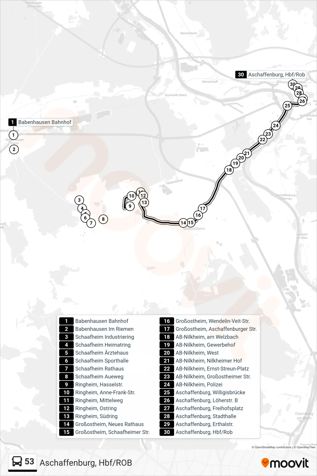 53 bus Line (Aschaffenburg, Hbf/ROB) route and stops on a map