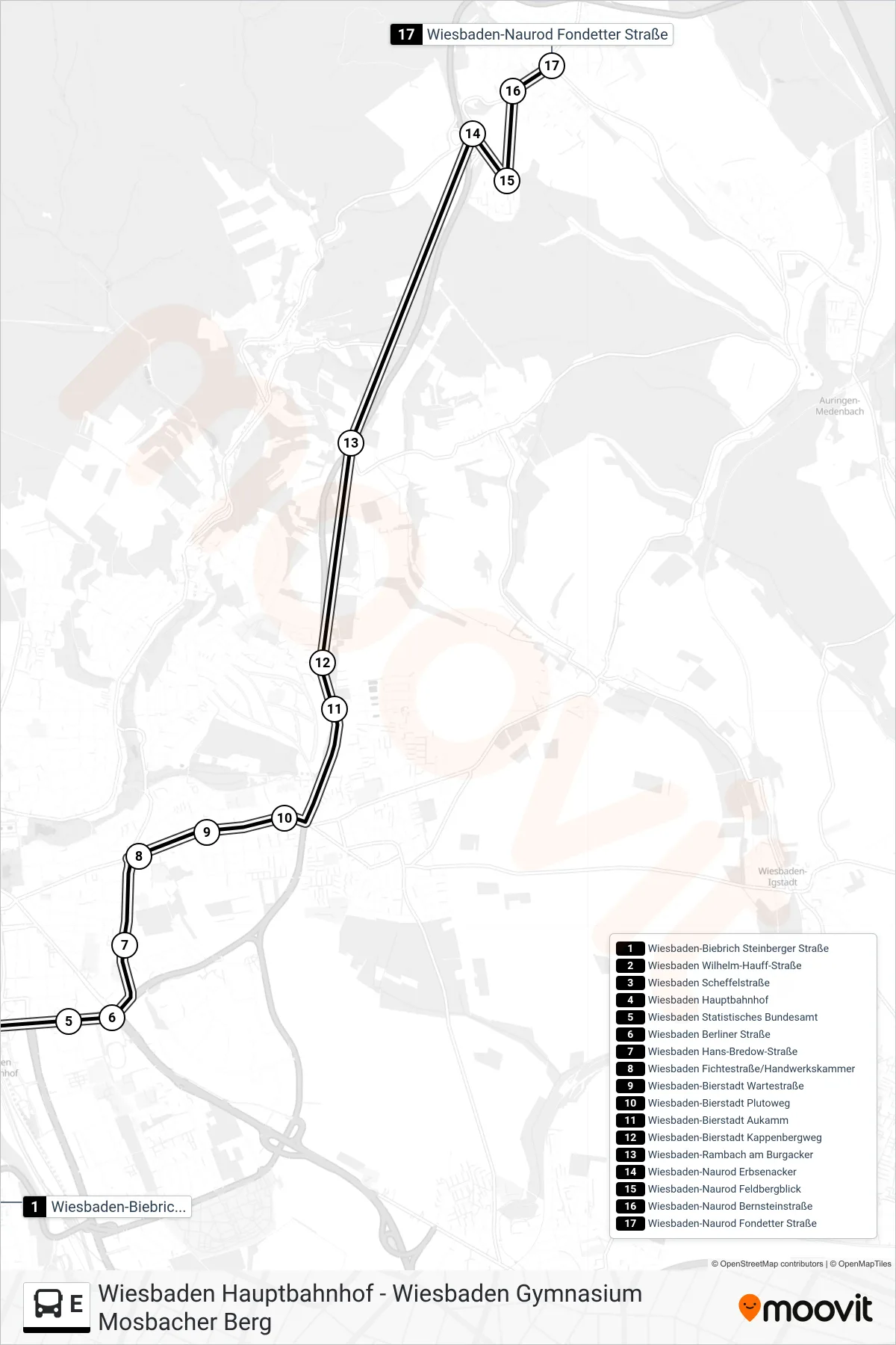 Linie E (Bus) Richtung Wiesbaden-Naurod Fondetter Straße: Route und Haltestellen auf der Karte