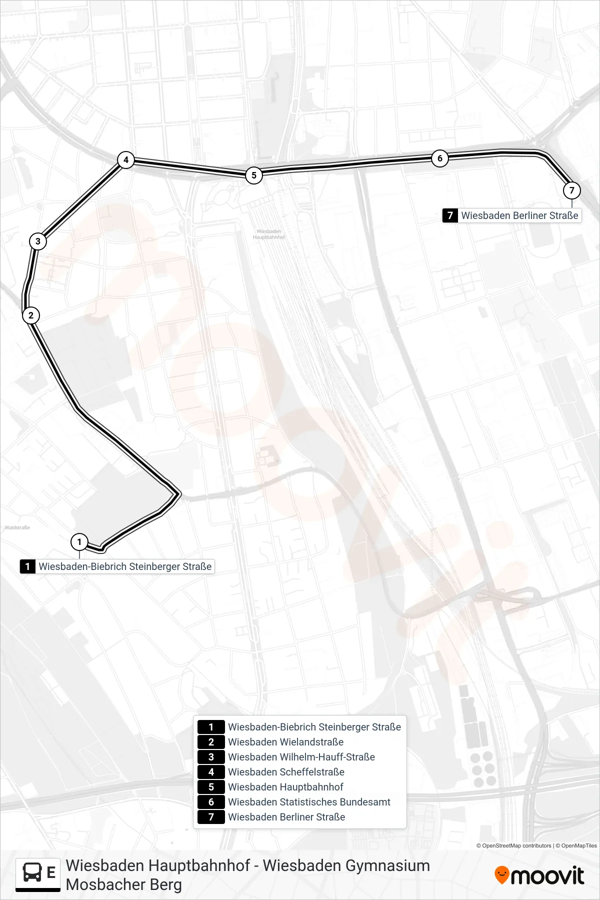 Linie E (Bus) Richtung Wiesbaden Berliner Straße: Route und Haltestellen auf der Karte
