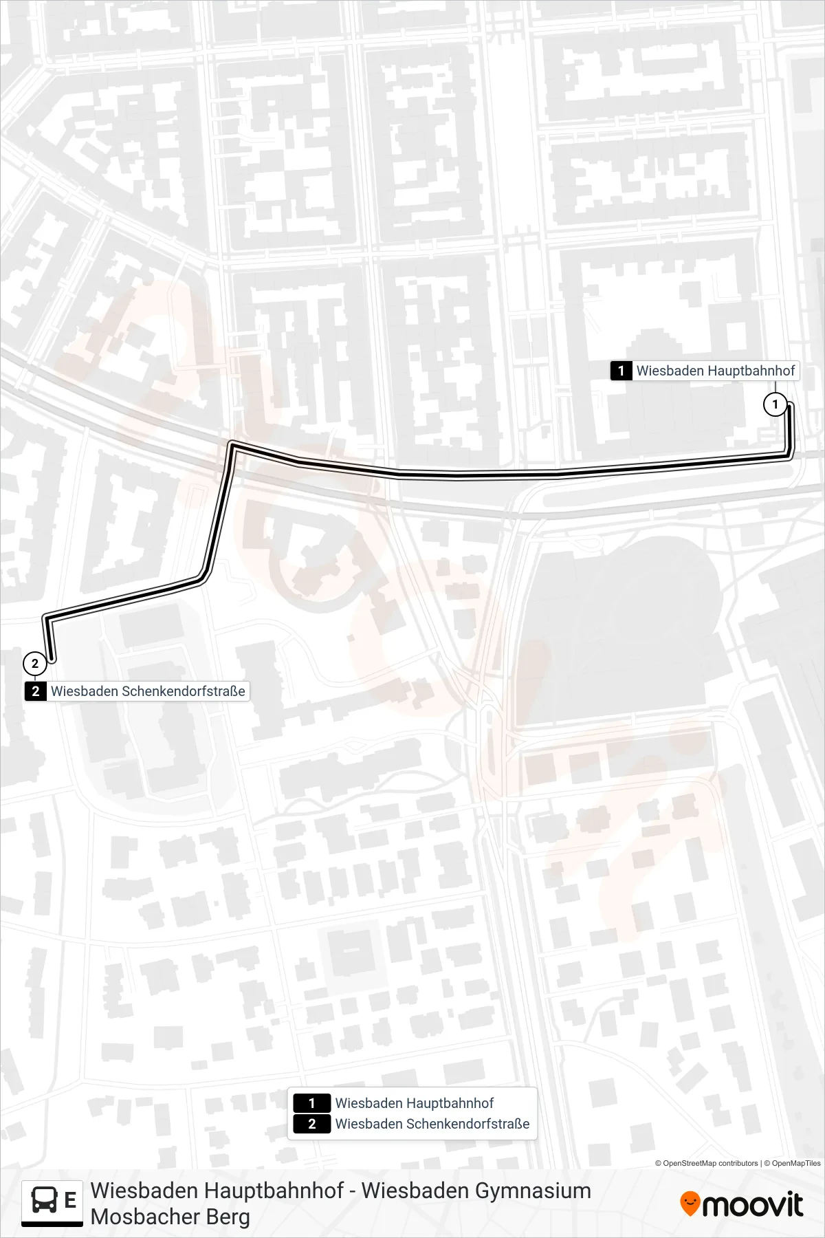 Linie E (Bus) Richtung Wiesbaden Schenkendorfstraße: Route und Haltestellen auf der Karte