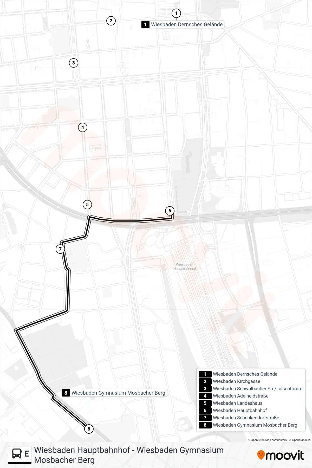 Linie E (Bus) Richtung Wiesbaden Gymnasium Mosbacher Berg: Route und Haltestellen auf der Karte