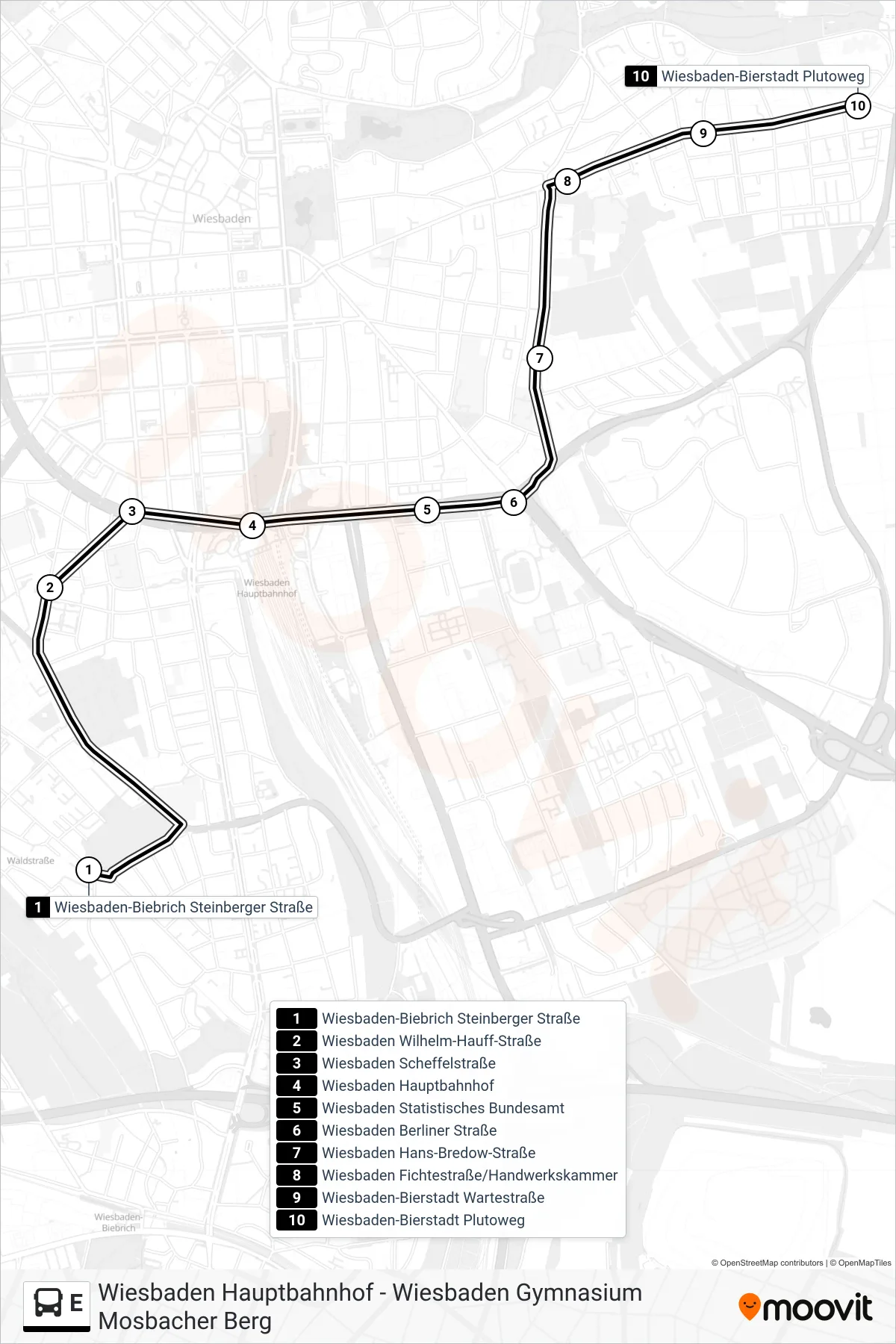 Linie E (Bus) Richtung Wiesbaden-Bierstadt Plutoweg: Route und Haltestellen auf der Karte