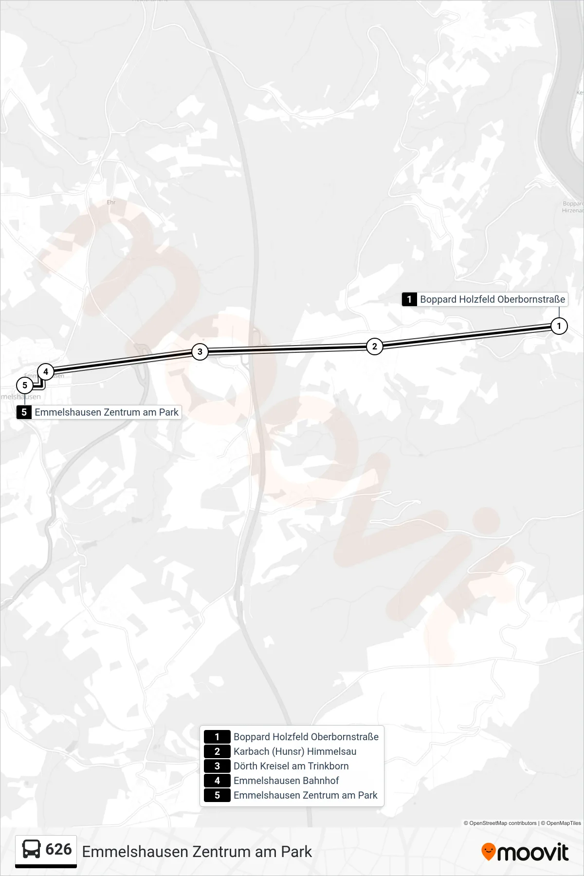 Linie 626 (Bus) Richtung Emmelshausen Zentrum am Park: Route und Haltestellen auf der Karte