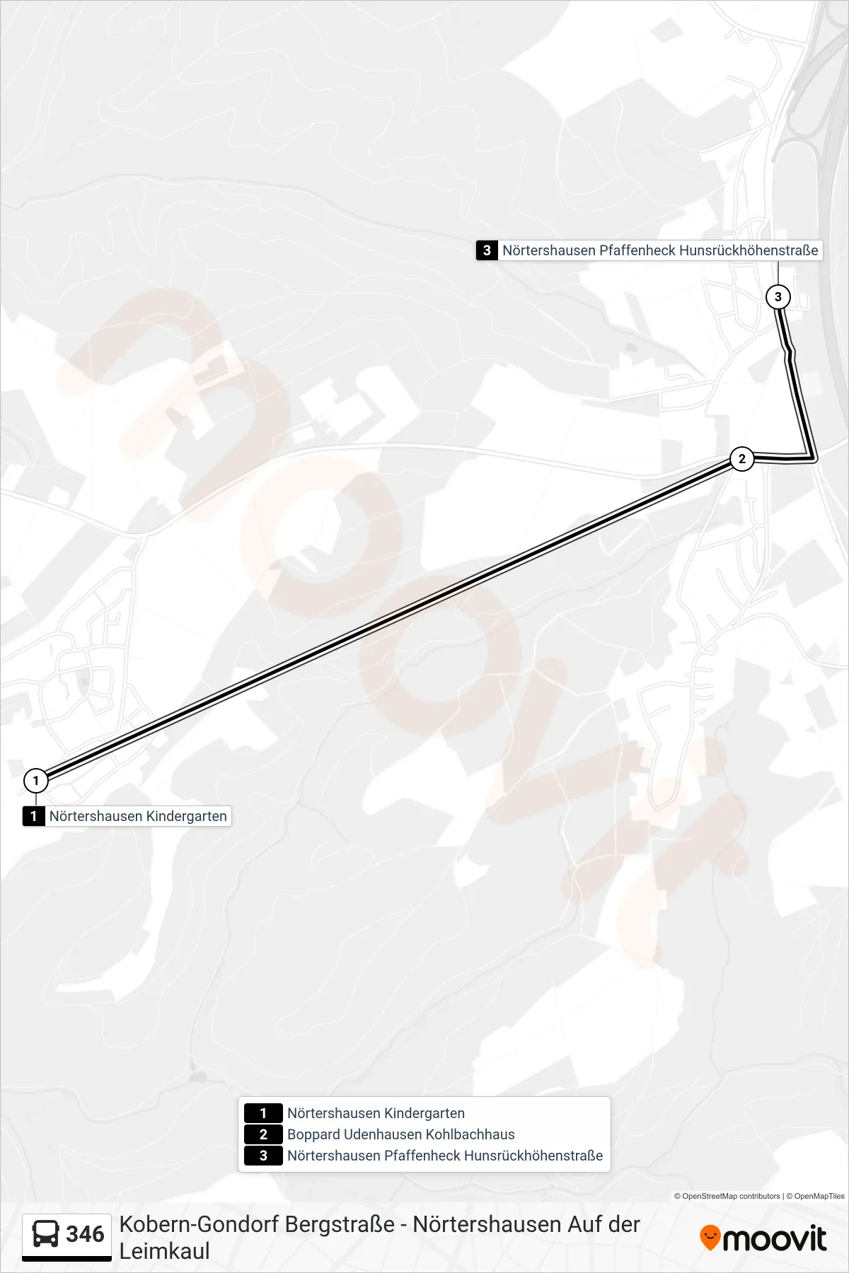 346 bus Line (Nörtershausen Pfaffenheck Hunsrückhöhenstraße) route and stops on a map