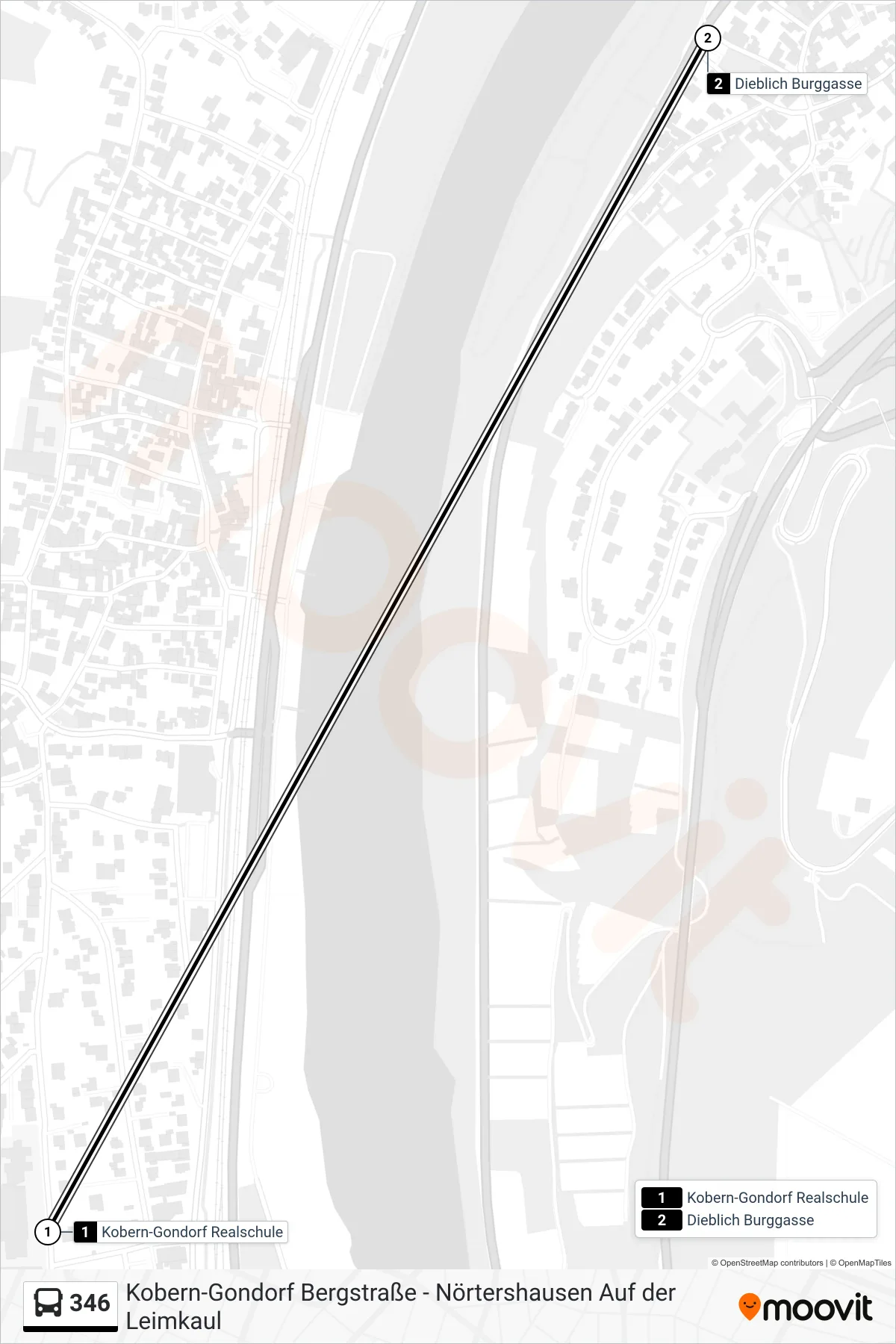 346 bus Line (Dieblich Burggasse) route and stops on a map