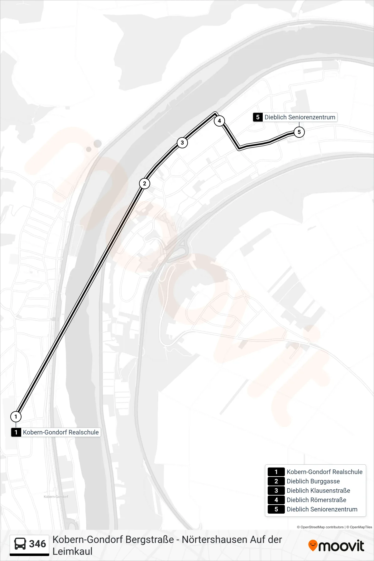 346 bus Line (Dieblich Seniorenzentrum) route and stops on a map