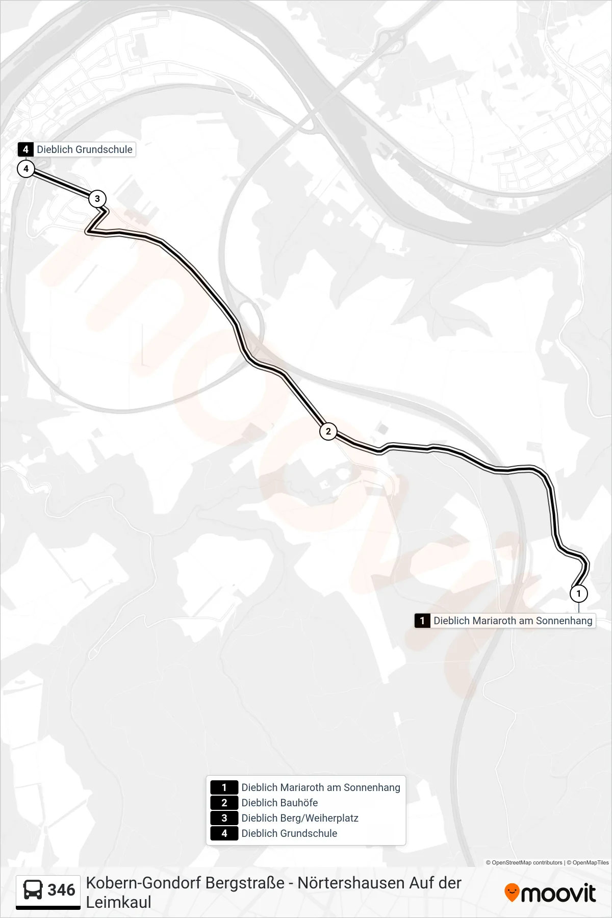 346 bus Line (Dieblich Grundschule) route and stops on a map
